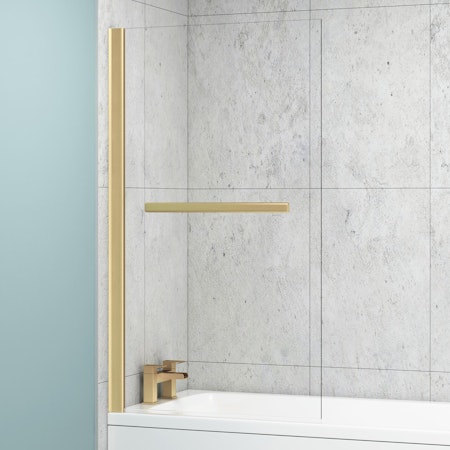 Modern 1400mm Straight Shower Bath Hinged Screen With Brushed Brass Wall Profile And Rail