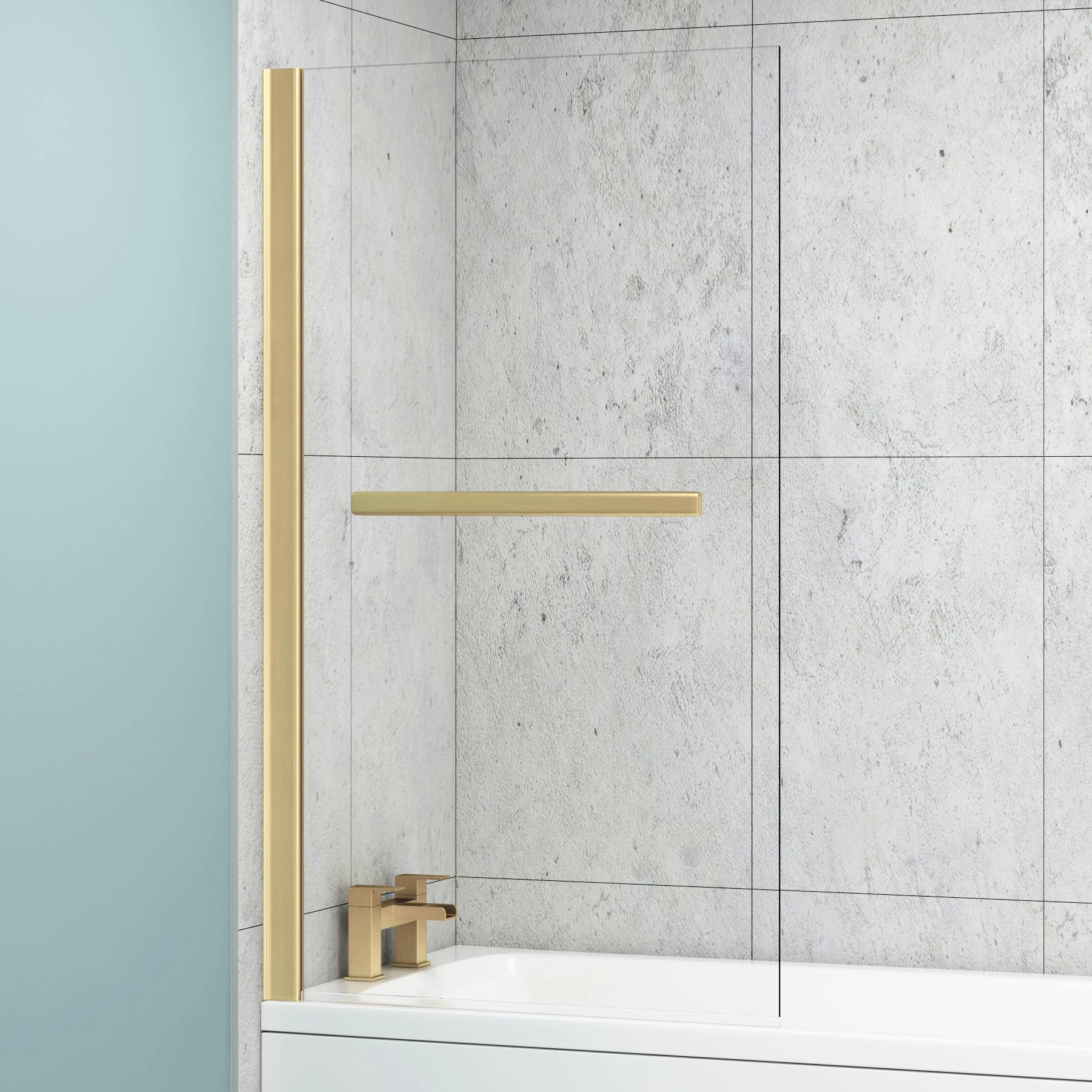 Modern 1400mm Straight Shower Bath Hinged Screen With Brushed Brass Wall Profile And Rail