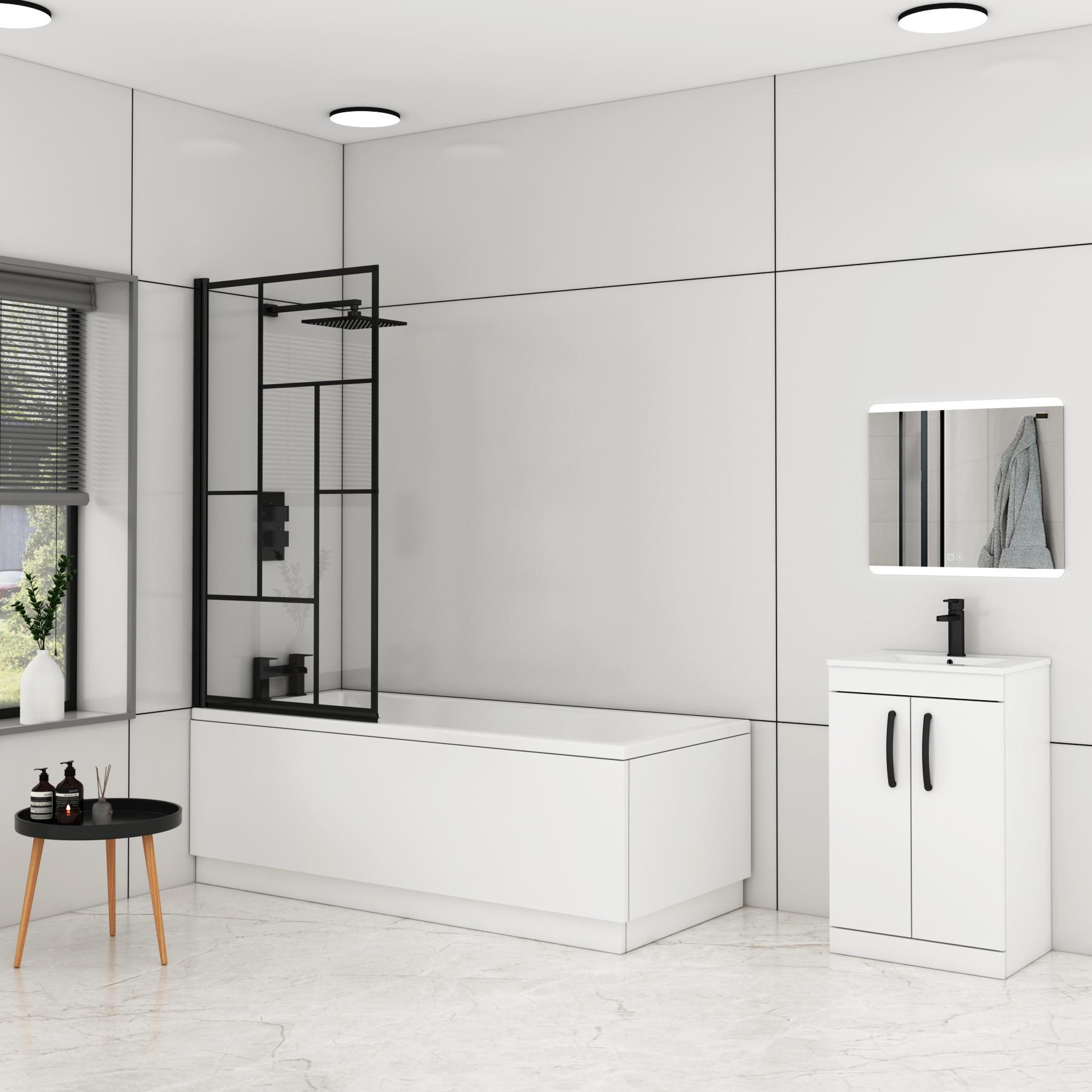 Cesar Square Single Ended Shower Bath 1600 x 700mm with Black Abstract Grid Screen