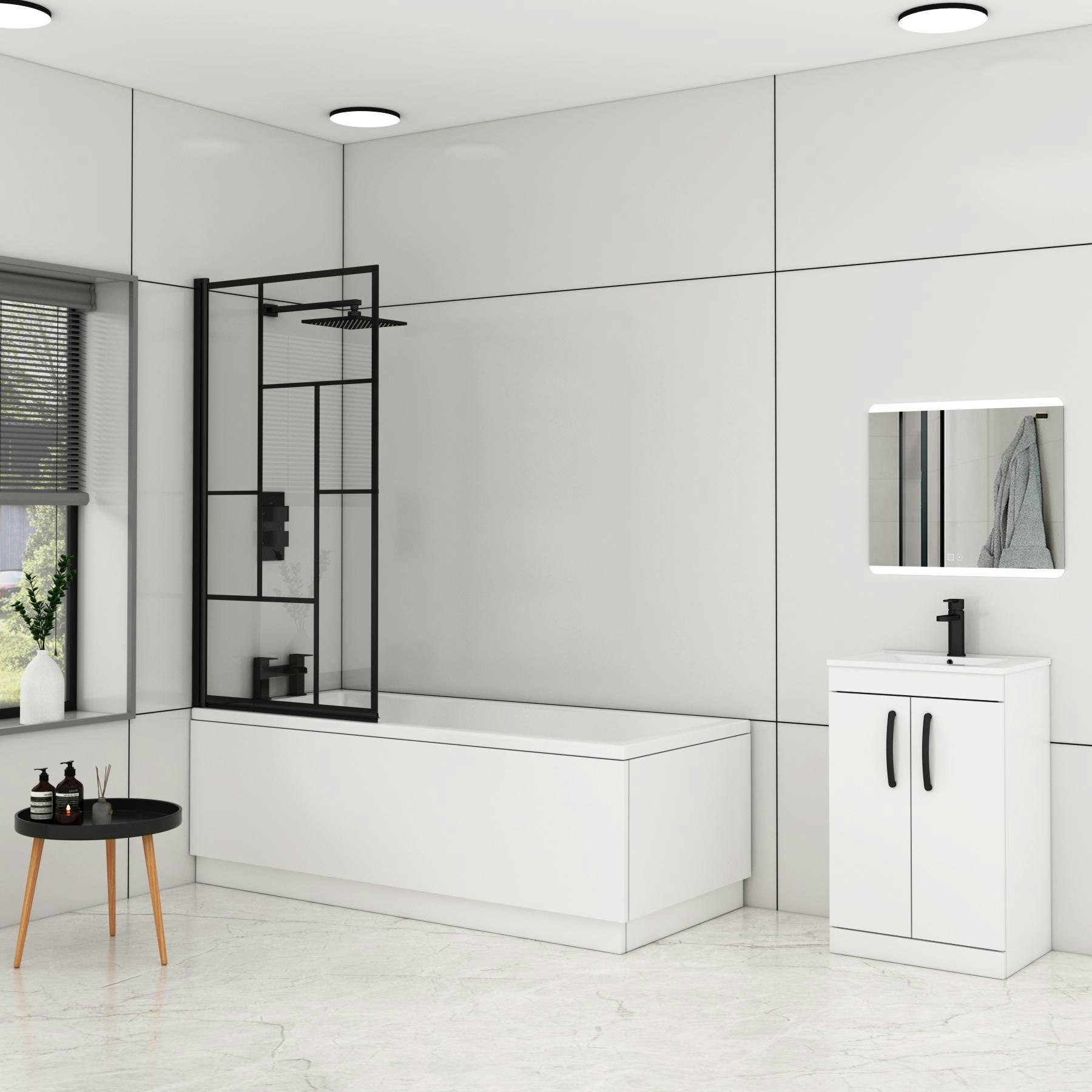 Cesar Square Single Ended Shower Bath 1500 x 700mm with Black Abstract