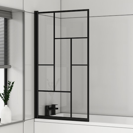 Abstract Grid Square 1400mm Matt Black Framed Hinged Bath Screen with 5mm Glass