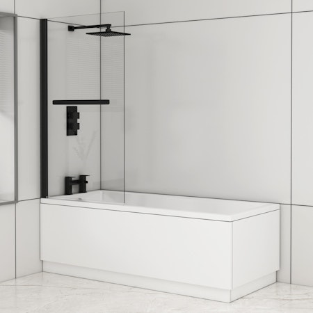 Cesar Square Single-Ended Acrylic Bath Tub with Black Wall Profile Screen and Rail - Various Sizes