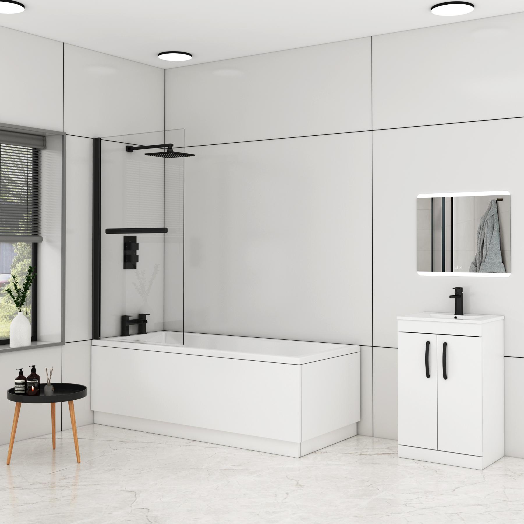 Cesar Square Single Ended Shower Bath 1400 x 700mm with Black Wall Profile Screen and Rail