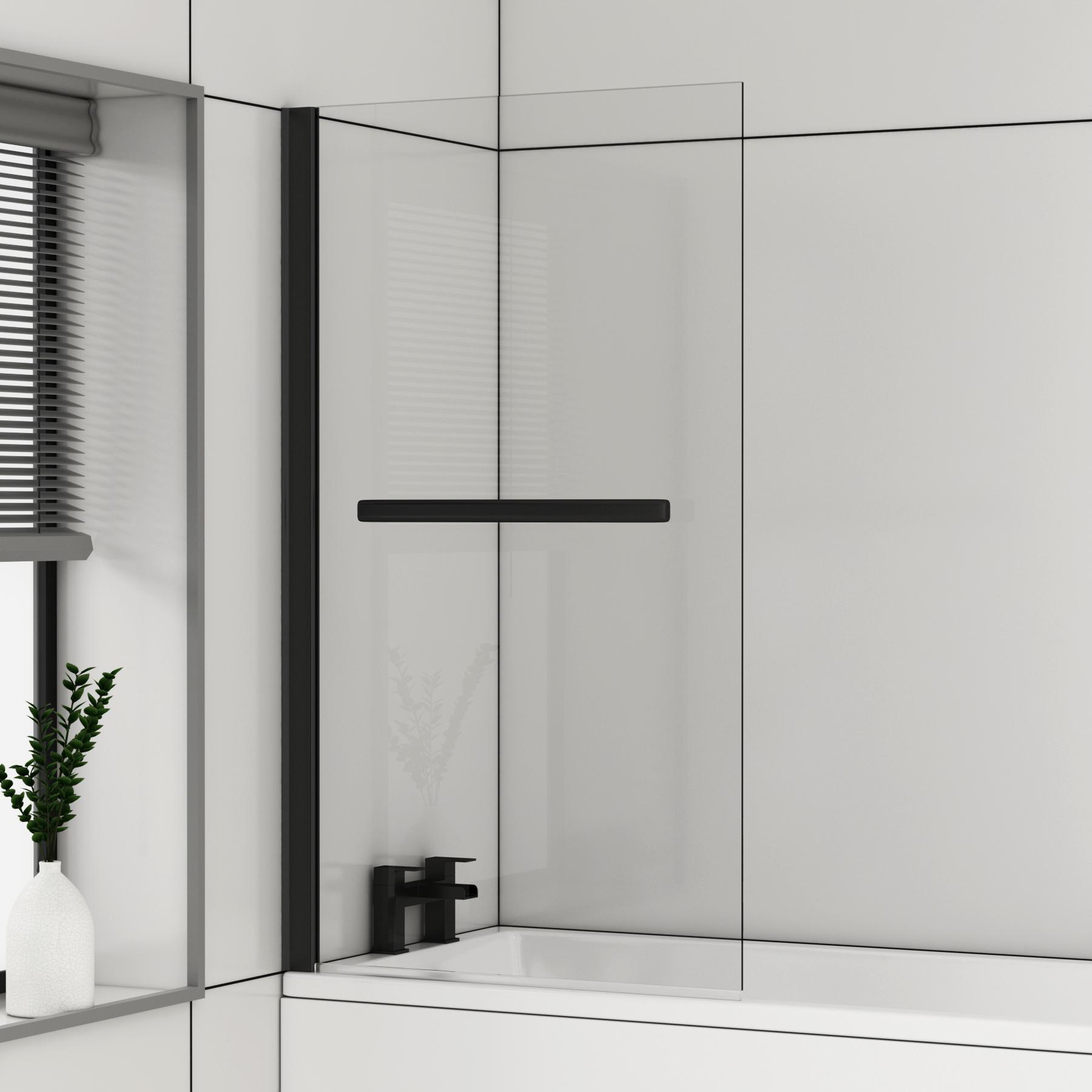 Cesar Square Single Ended Shower Bath 1400 x 700mm with Black Wall Profile Screen and Rail