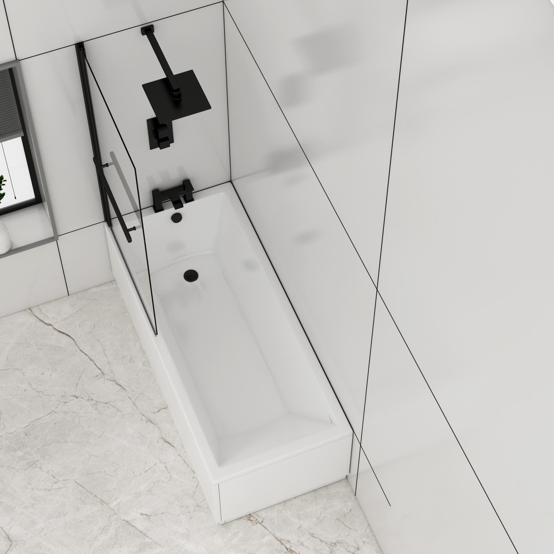 Cesar Square Single Ended Shower Bath 1400 x 700mm with Black Wall Profile Screen and Rail
