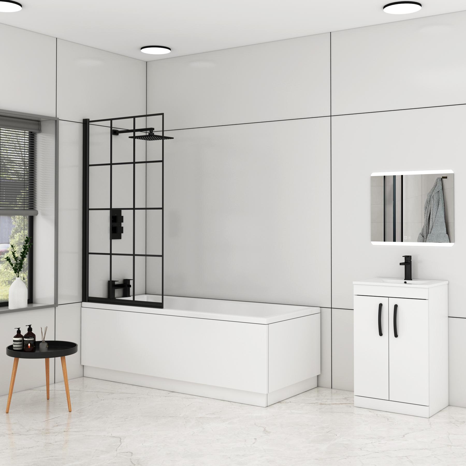 Cesar Square Single Ended Shower Bath 1600 x 700mm with Black Square Grid Screen