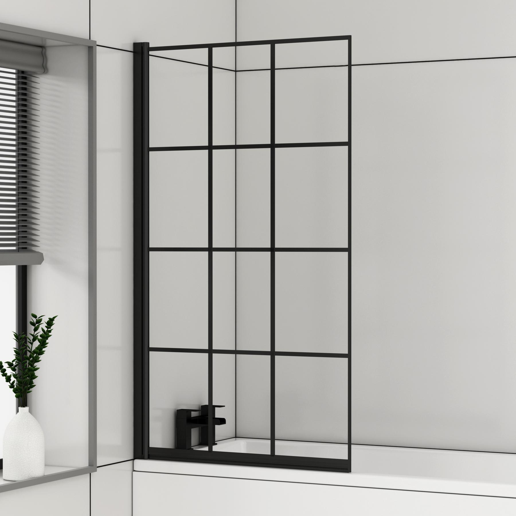 Cesar Square Single Ended Shower Bath 1600 x 700mm with Black Square Grid Screen