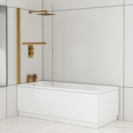 Cesar Square Single-Ended Acrylic Bath Tub with Brushed Brass Wall Profile Screen and Rail - Various Sizes