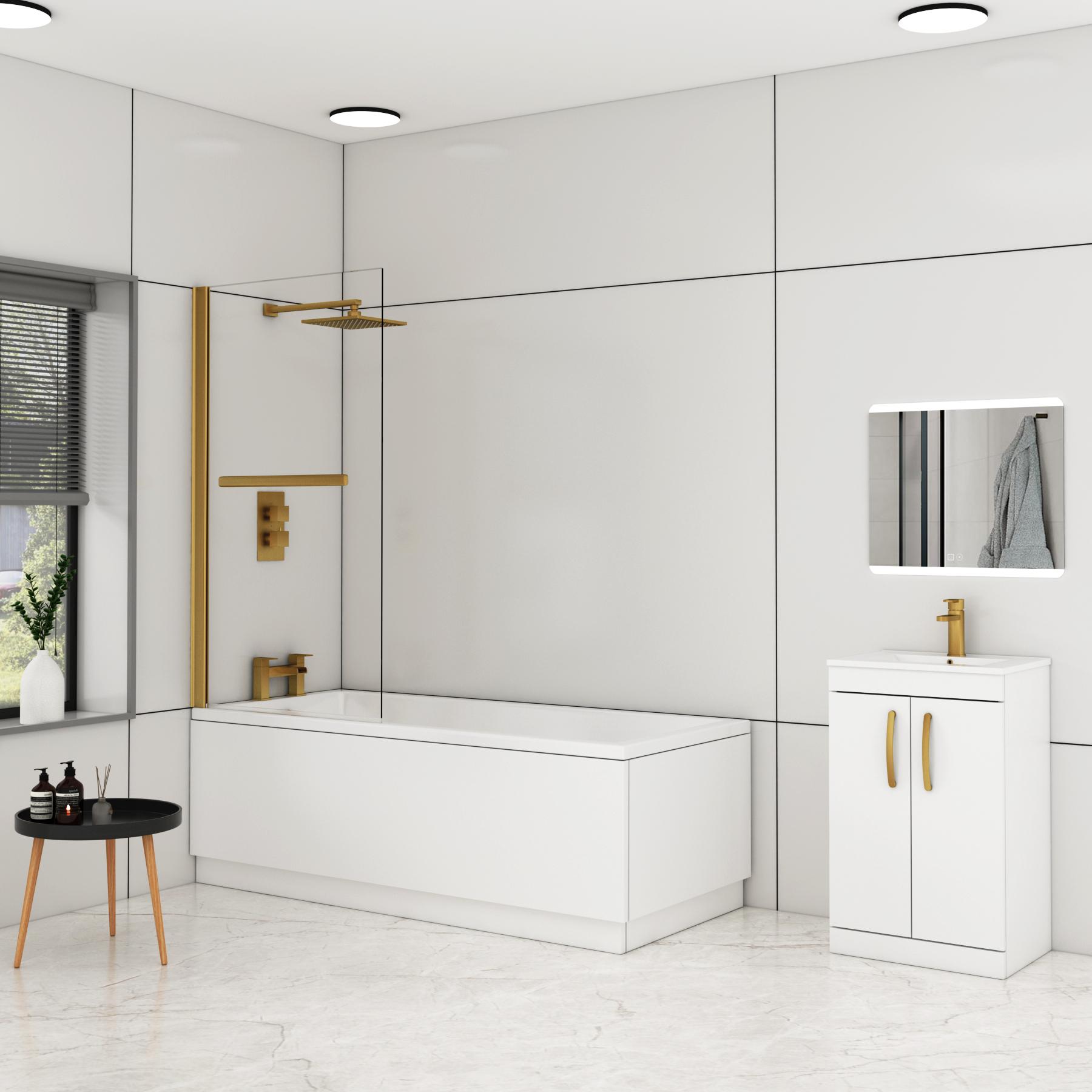 Cesar Square Single Ended Shower Bath 1400 x 700mm with Brushed Brass Wall Profile Screen and Rail