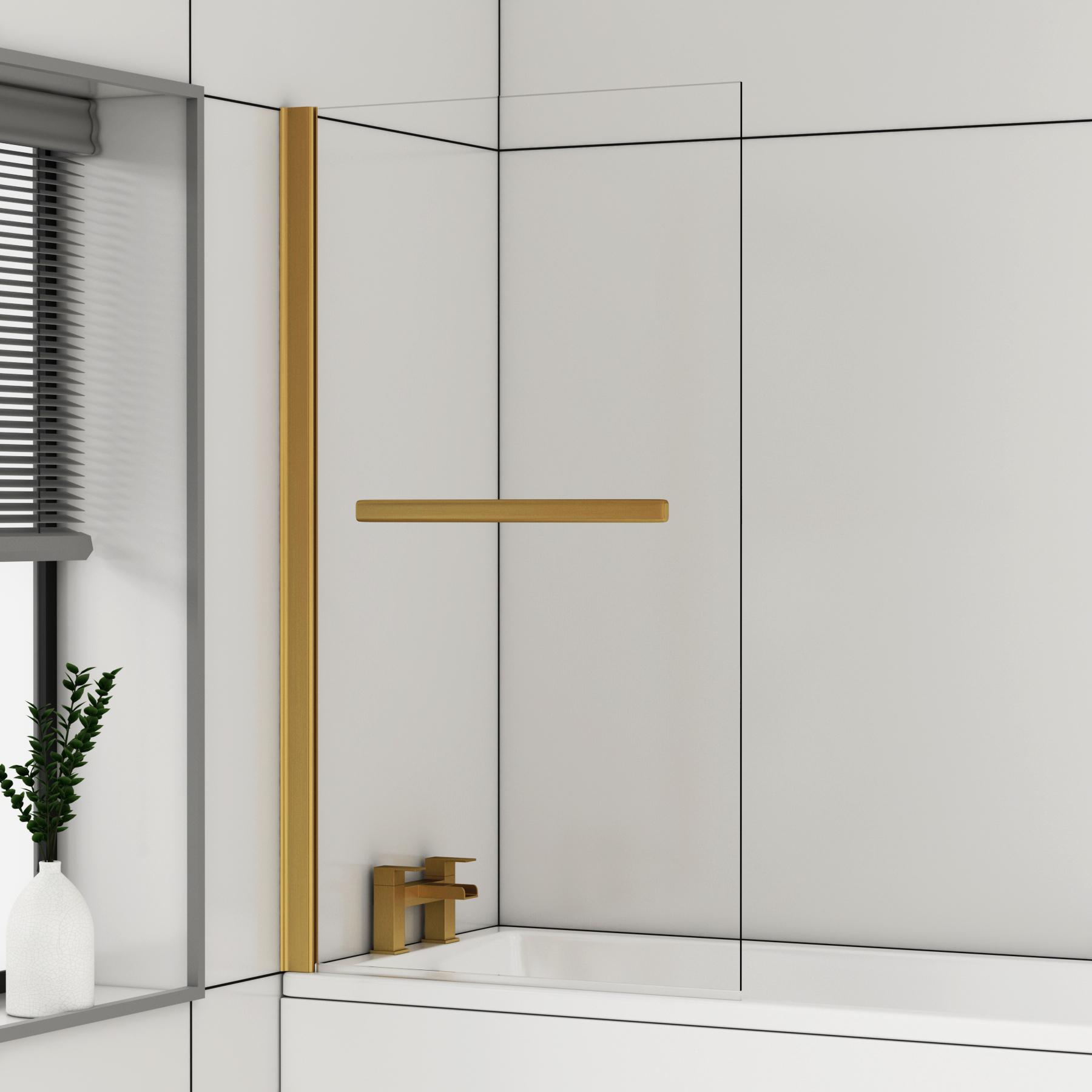 Cesar Square Single Ended Shower Bath 1400 x 700mm with Brushed Brass Wall Profile Screen and Rail