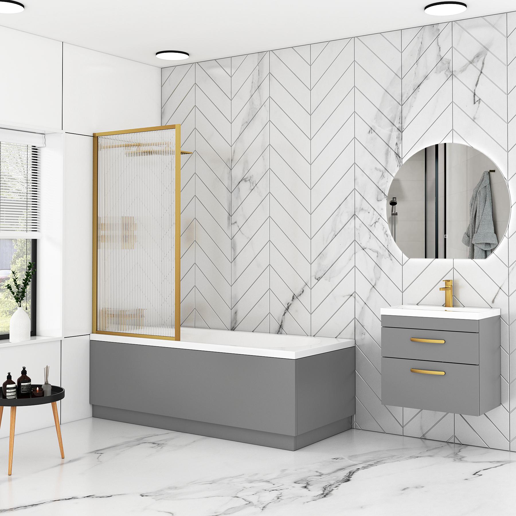 Breeze Round Single Ended Bath 1500 x 700mm with Fluted Screen & MDF Indigo Grey Gloss Panel