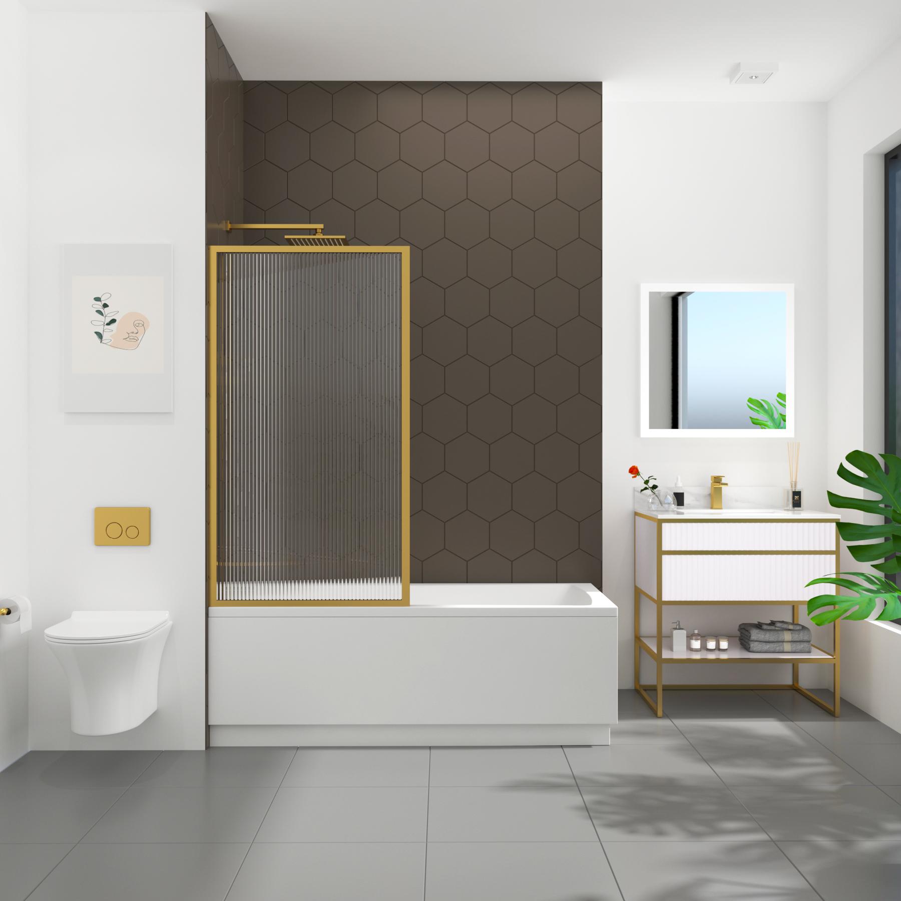 Cesar Square Single Ended Shower Bath 1400 x 700mm with Brushed Brass Framed Fluted Screen