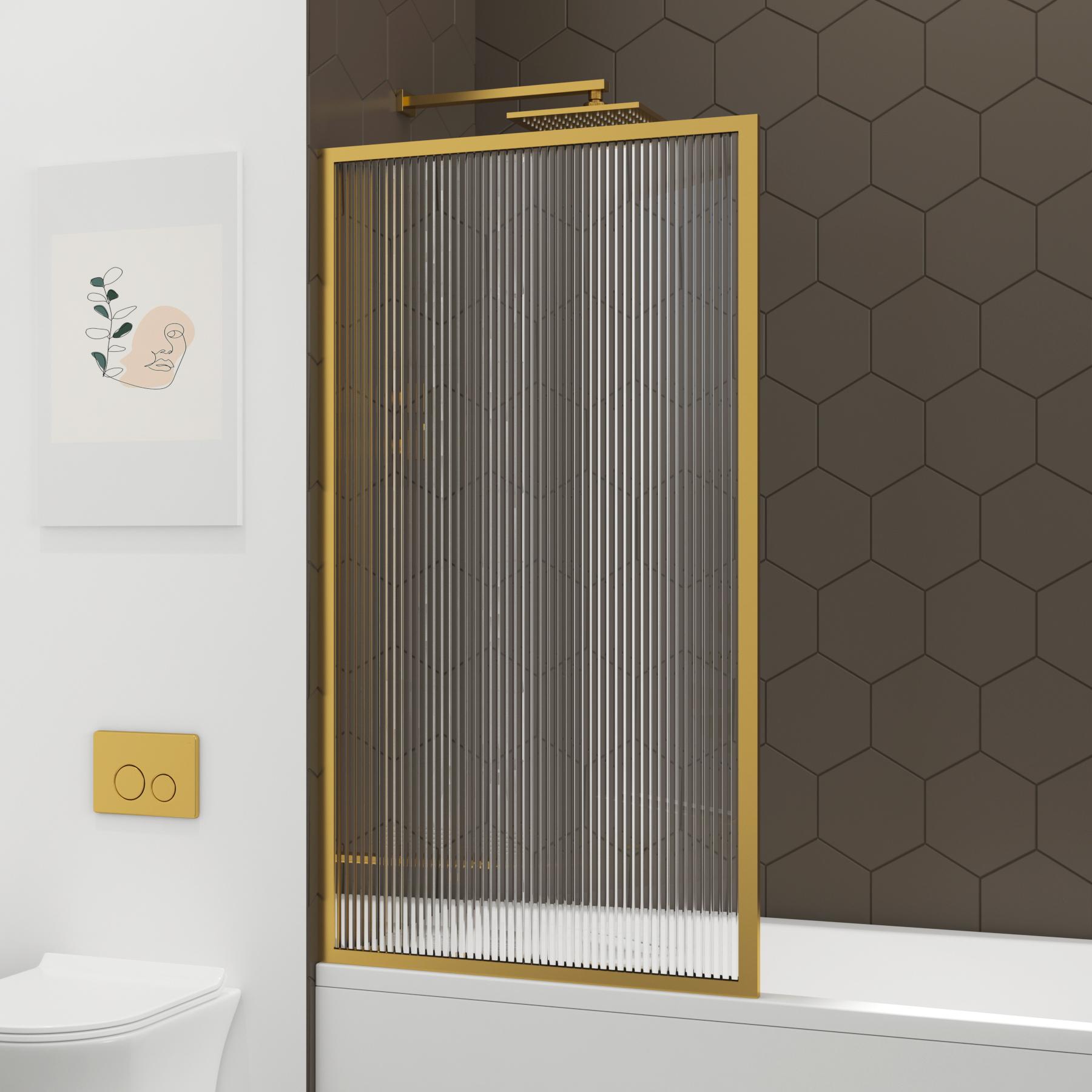 Cesar Square Single Ended Shower Bath 1400 x 700mm with Brushed Brass Framed Fluted Screen