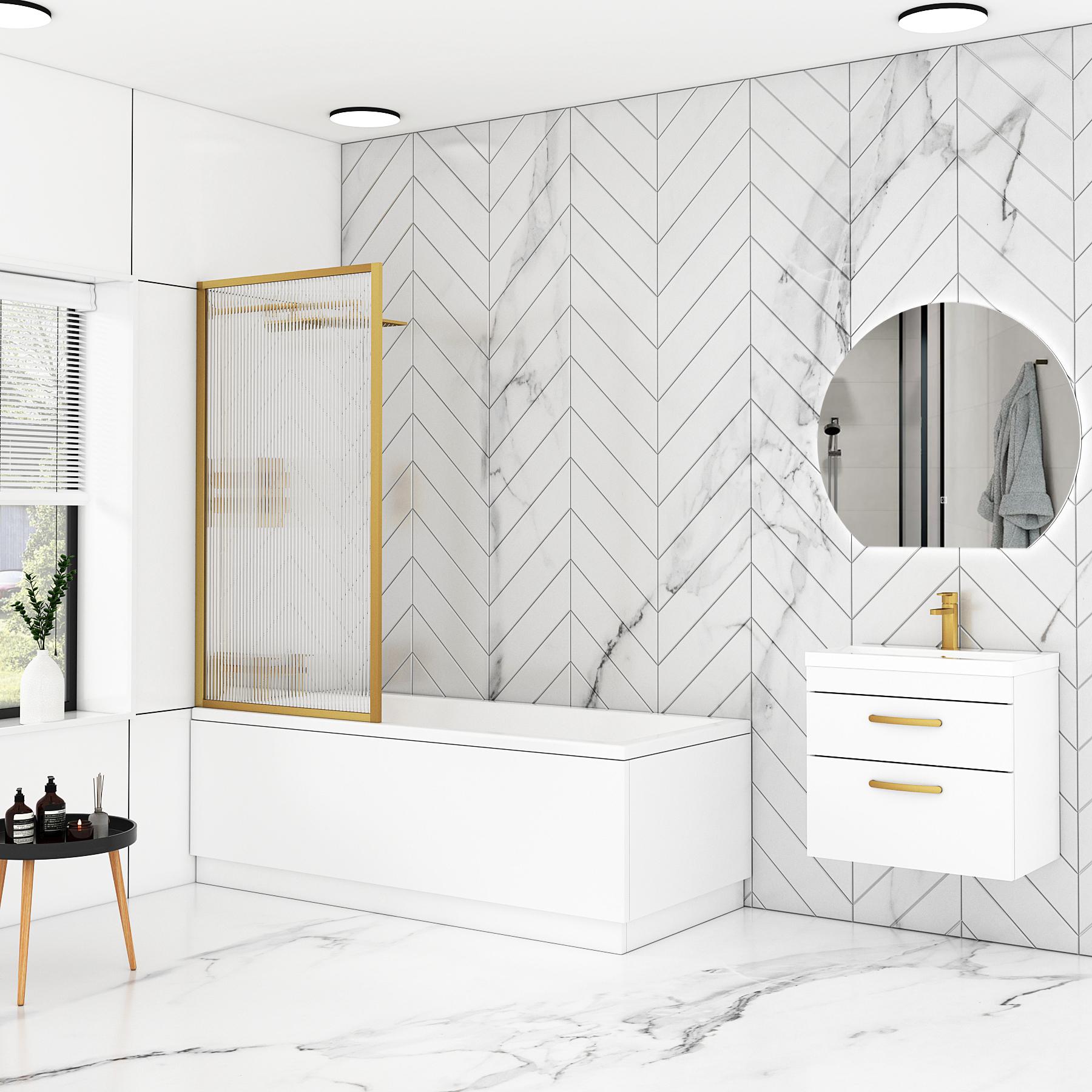Cesar Square Single Ended Bath 1400 x 700mm with Fluted Screen & MDF Gloss White Panel