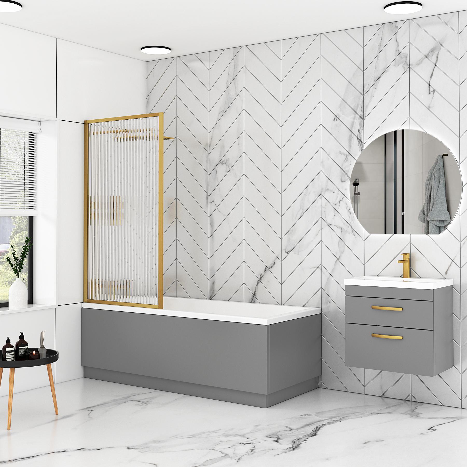 Cesar Square Single-Ended Acrylic Bath Tub with Fluted Screen & MDF Grey Gloss PaneL