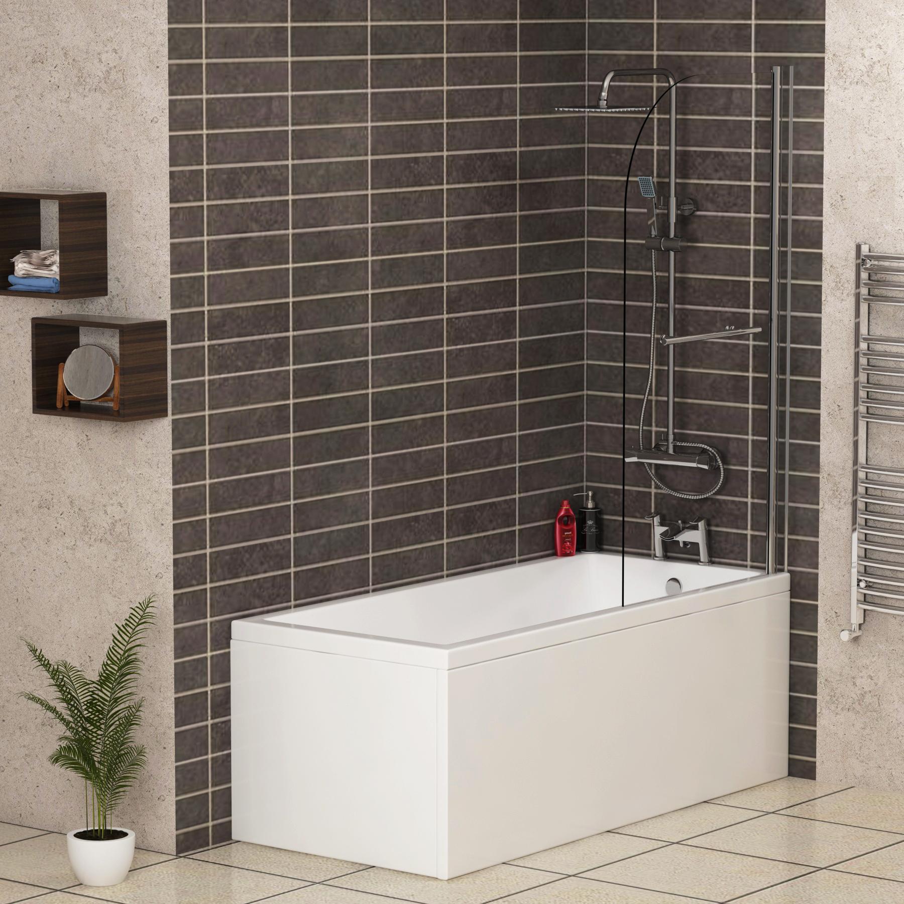 Cesar Acrylic Square Single Ended Shower Bath 1800 x 800mm Inc Round Top Shower Bath Screen with ...