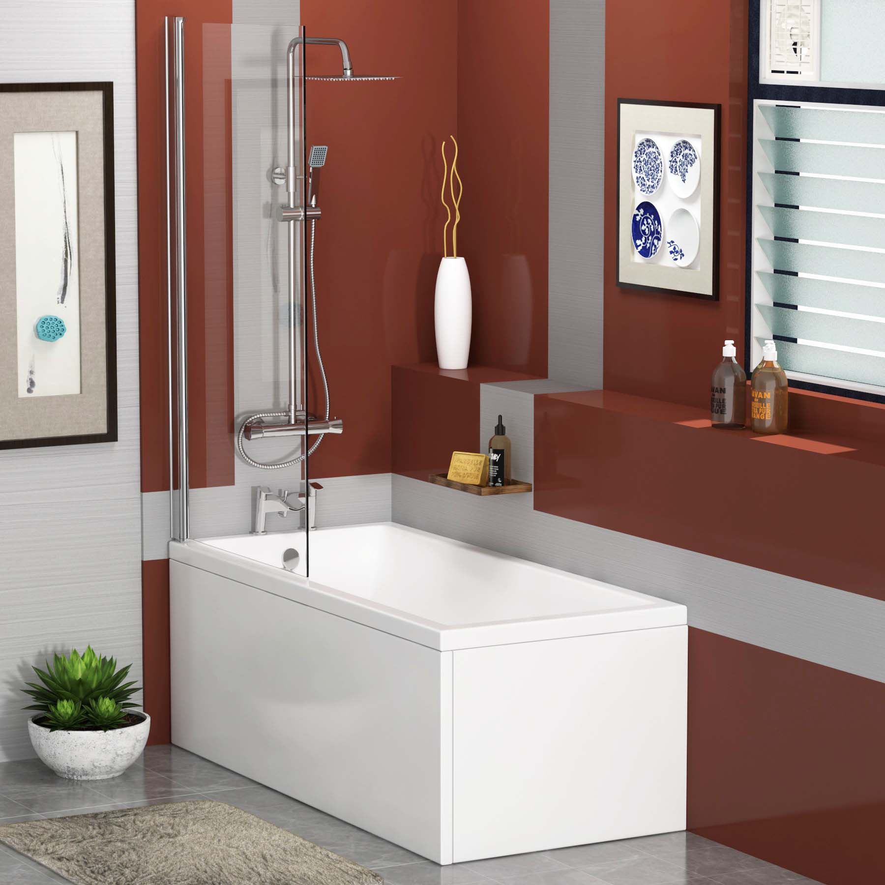 Cesar Acrylic Designer Square Edge Single Ended bath Tub with Square Shower Screen & Front Panel - Various Sizes