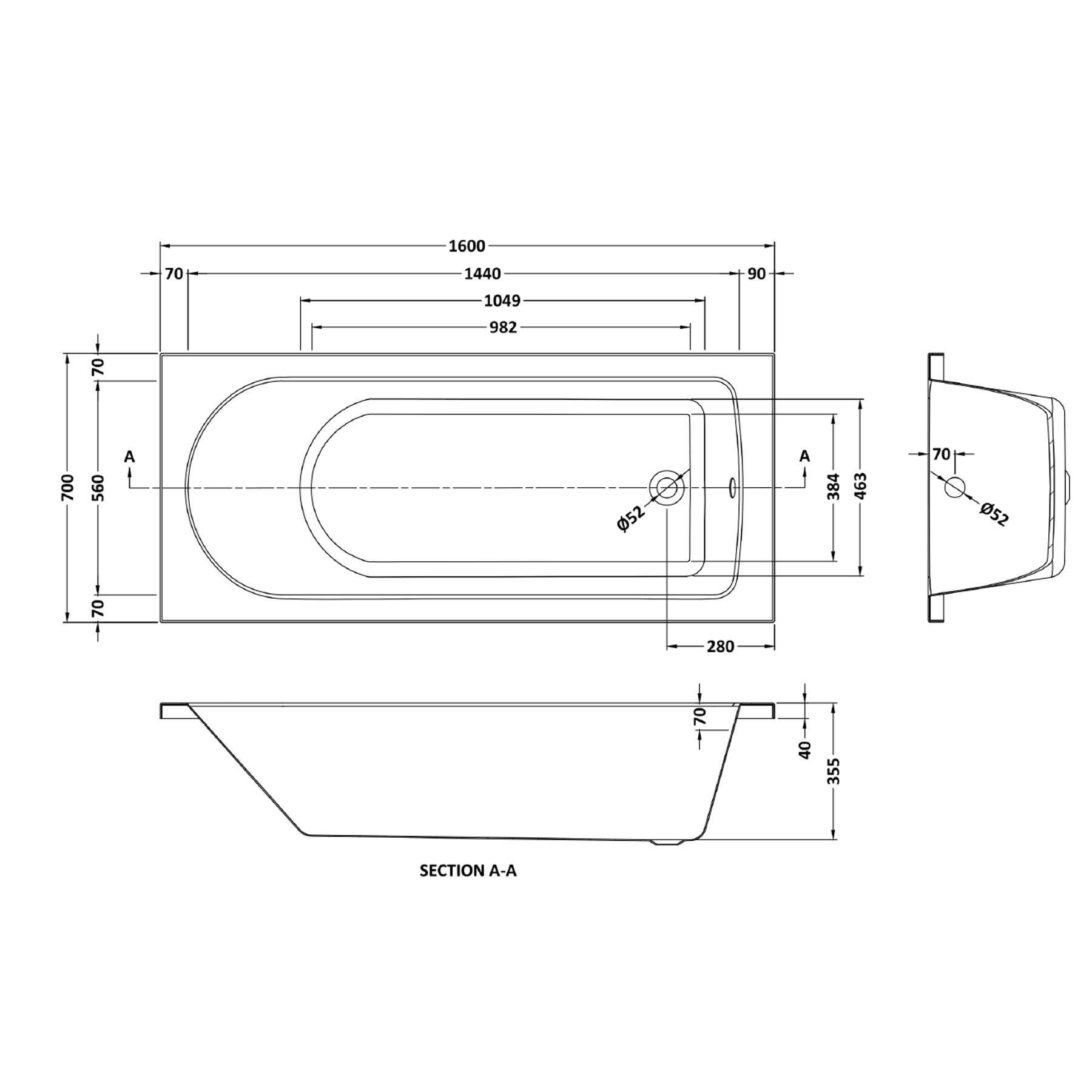 Breeze Acrylic Round Single Ended Shower Bath 1600 x 700mm Inc Square