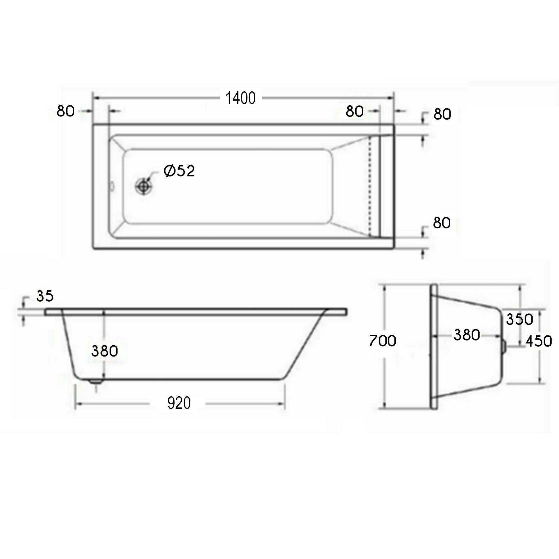 Cesar Square Single Ended Shower Bath 1400 x 700mm with Black Square Grid Screen