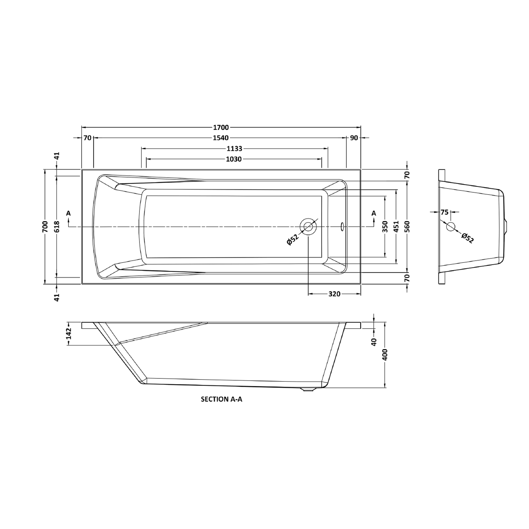 Cesar Acrylic Square Single Ended Bath in Various Sizes + Optional MDF