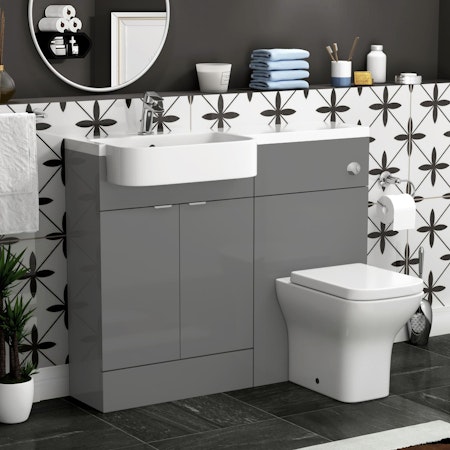 Elena 1100mm Indigo Grey Gloss 2 Door Floor Standing Vanity Unit with L/H Curved Semi Recessed Basin & Qubix BTW Toilet Pack