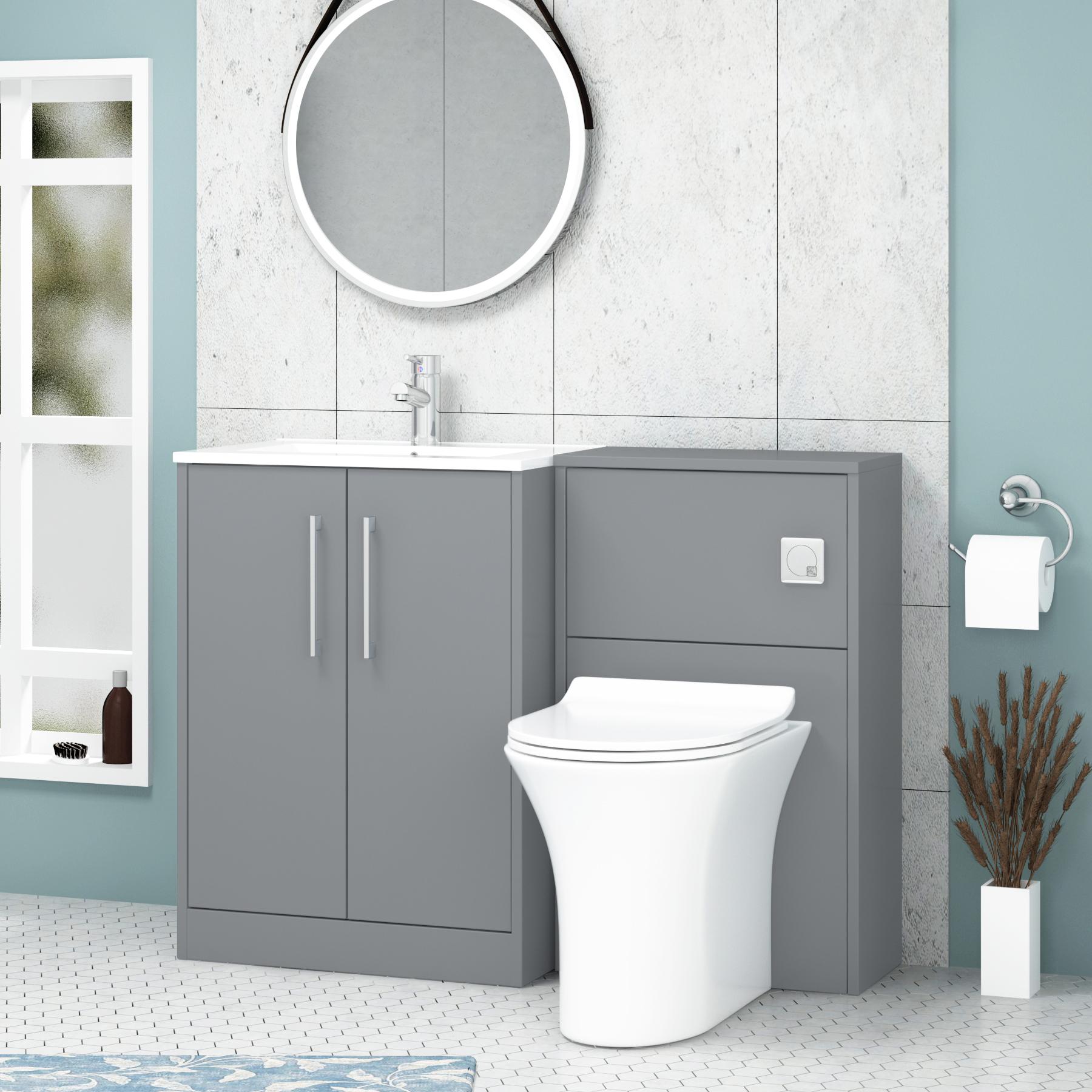 Milan 1100mm Coastal Grey 2 Door Floor Standing Vanity Unit Mid-Edge Basin & Slim Breeze BTW Toilet