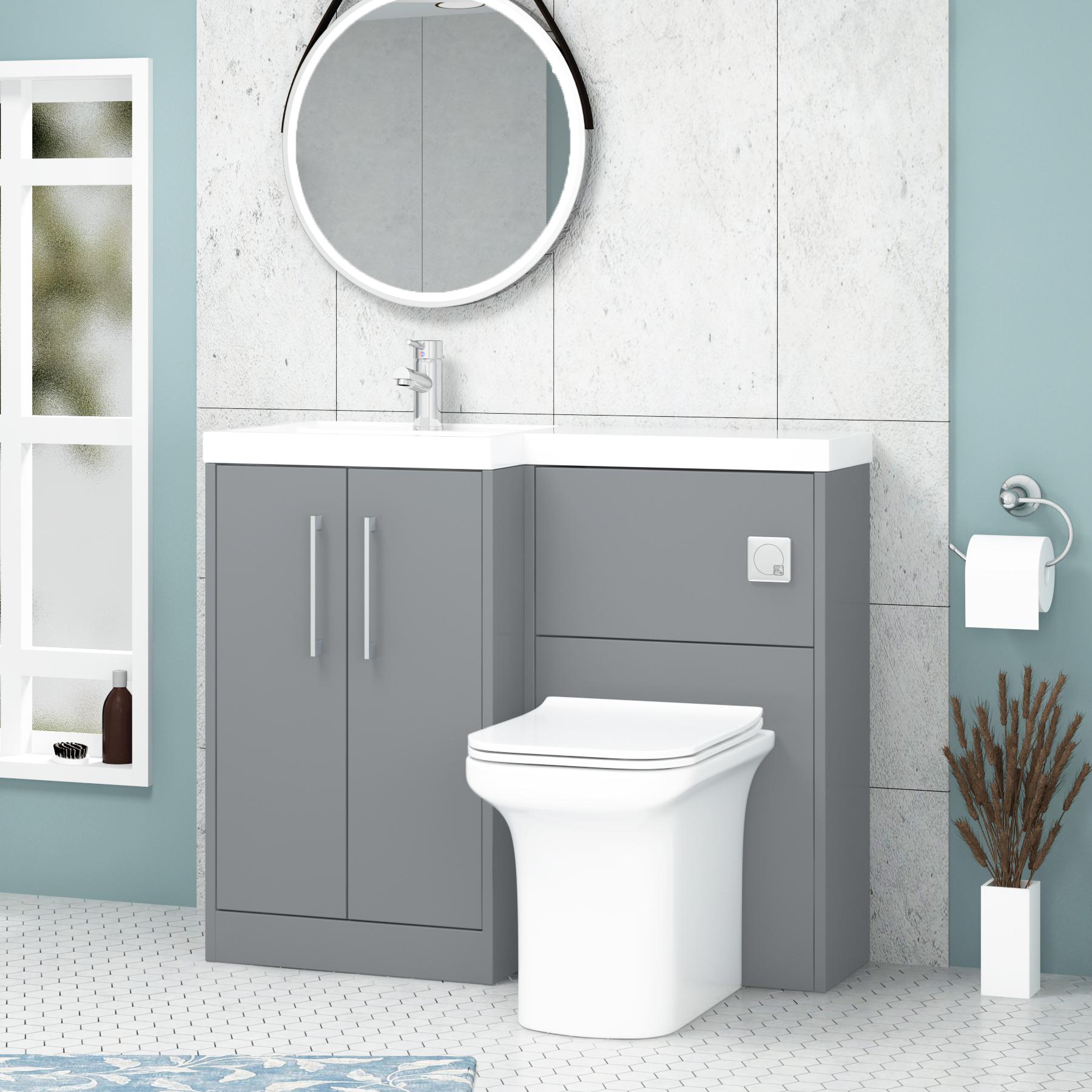 Milan 1000mm Coastal Grey 2 Door Floor Standing Vanity Unit L\H L-Shaped Basin & Crosby BTW Toilet