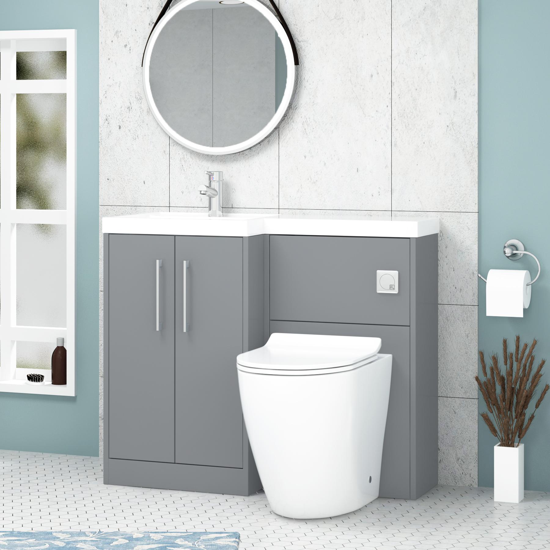 Milan 1000mm Coastal Grey 2 Door Floor Standing Vanity Unit L\H L-Shaped Basin & Slim Comfort Height BTW Toilet