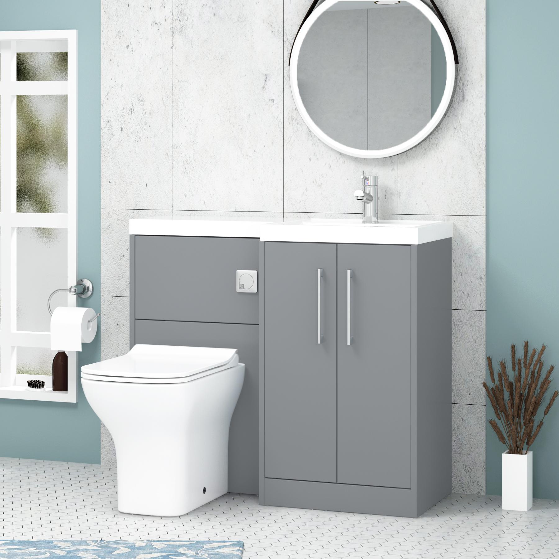 Milan 1000mm Coastal Grey Matt 2 Door Floor Standing Vanity Unit R\H L-Shaped Basin & Slim Qubix BTW Toilet
