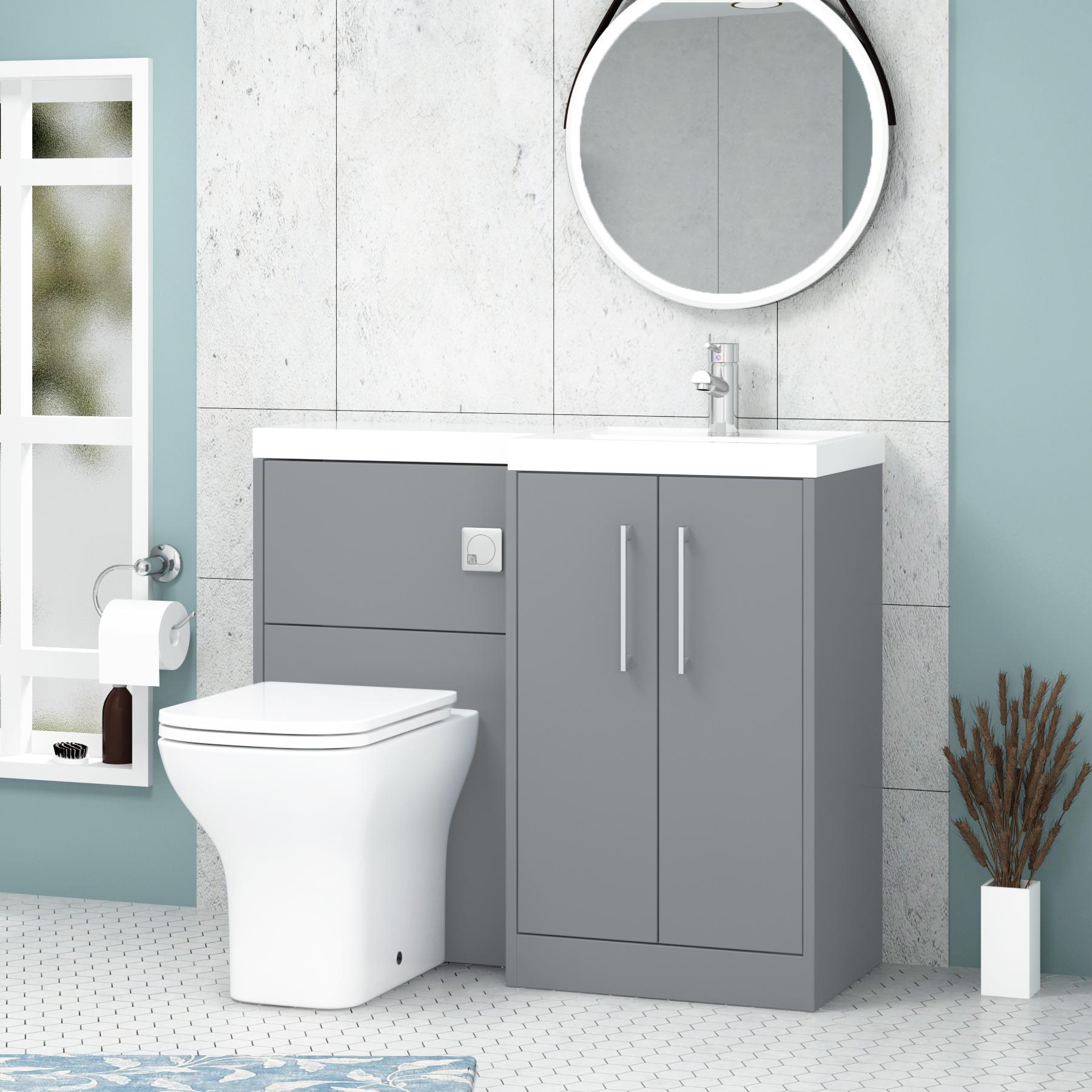 Milan 1000mm Coastal Grey Matt 2 Door Floor Standing Vanity Unit R\H L-Shaped Basin & Qubix BTW Toilet