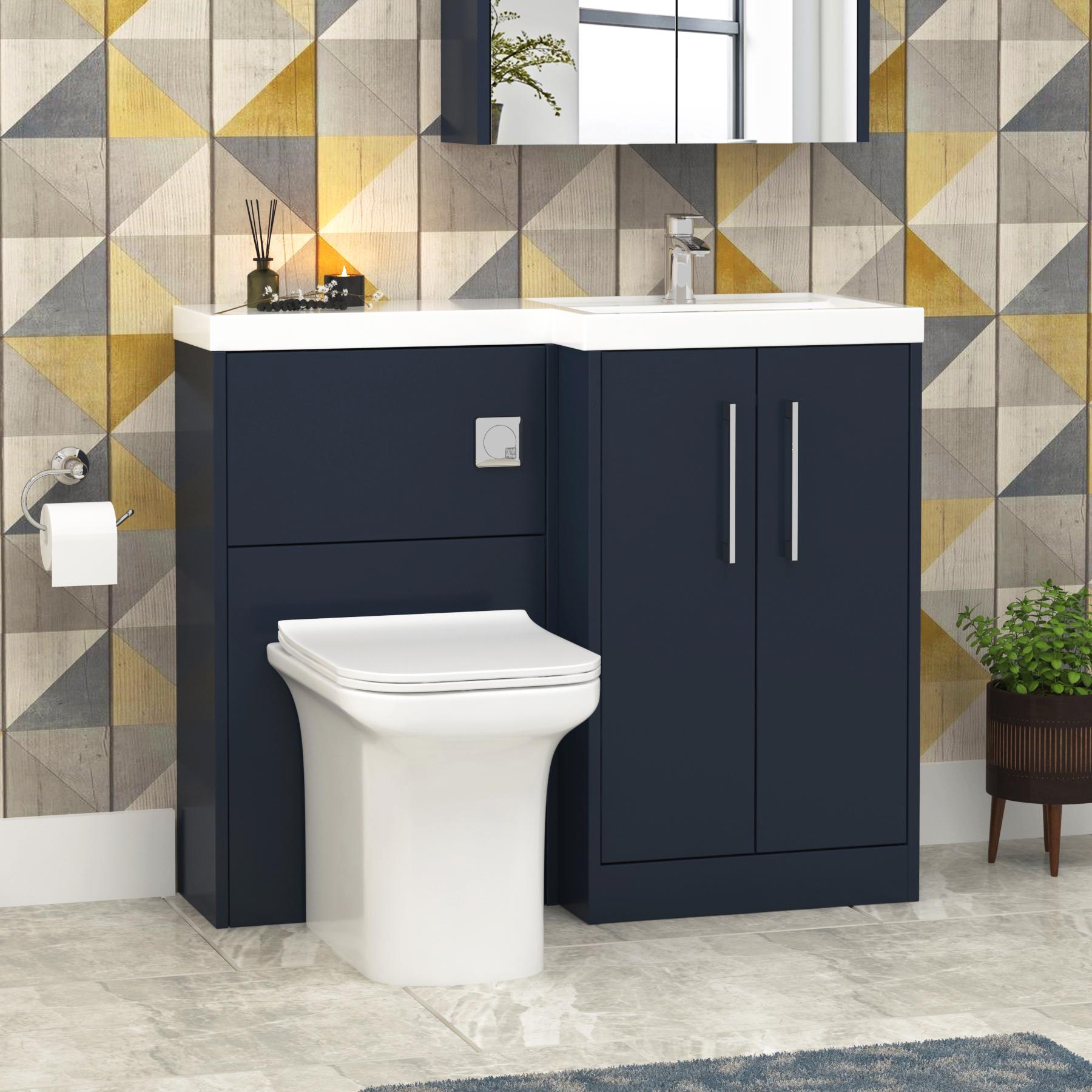 Milan 1000mm Electric Blue Matt 2 Door Floor Standing Vanity Unit R\H L-Shaped Basin & Crosby BTW Toilet