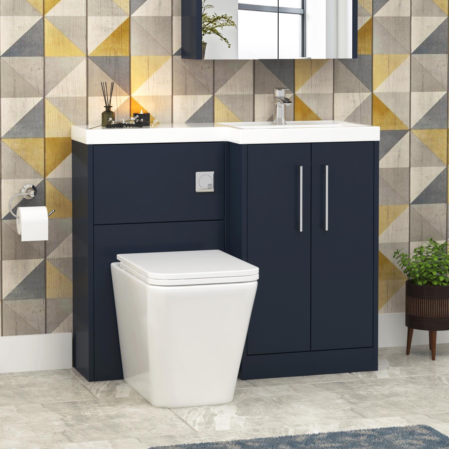 Milan 1000mm Electric Blue Matt 2 Door Floor Standing Vanity Unit R\H L-Shaped Basin & Elena BTW Toilet
