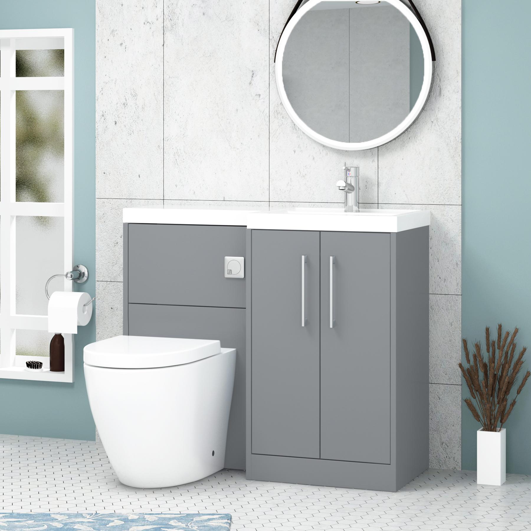 Milan 1000mm Coastal Grey Matt 2 Door Floor Standing Vanity Unit R\H L-Shaped Basin & Abacus BTW Toilet