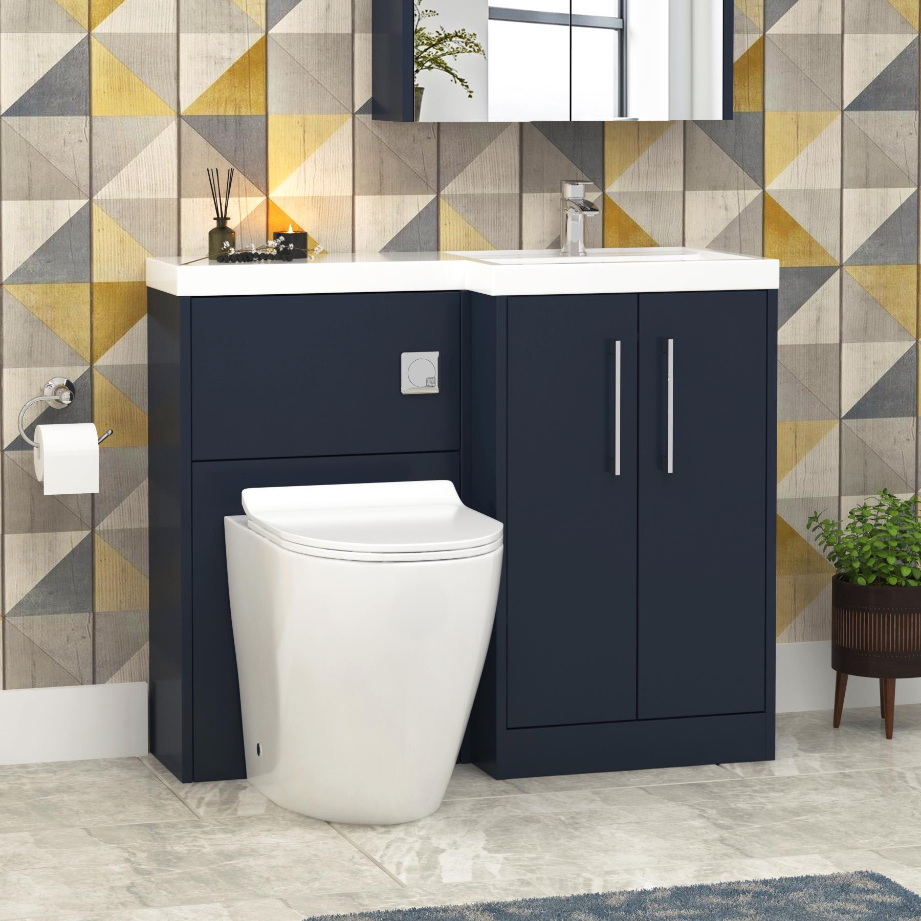 Milan 1000mm Electric Blue Matt 2 Door Floor Standing Vanity Unit R\H L-Shaped Basin & Slim Comfort Height BTW Toilet
