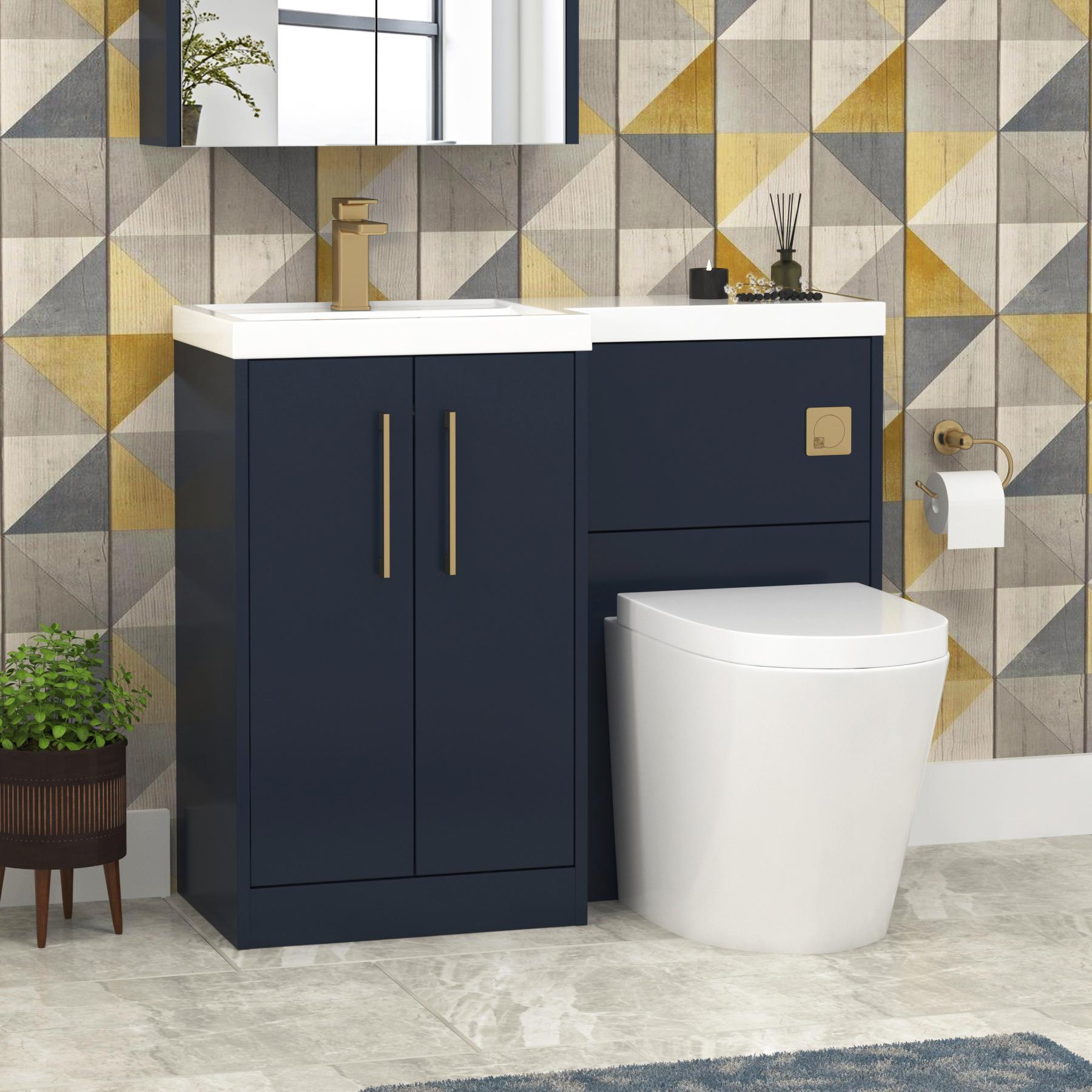 Milan 1000mm Electric Blue 2 Door Floor Standing Vanity Unit L\H L-Shaped Basin & Cesar BTW Toilet with Brushed Brass Handle