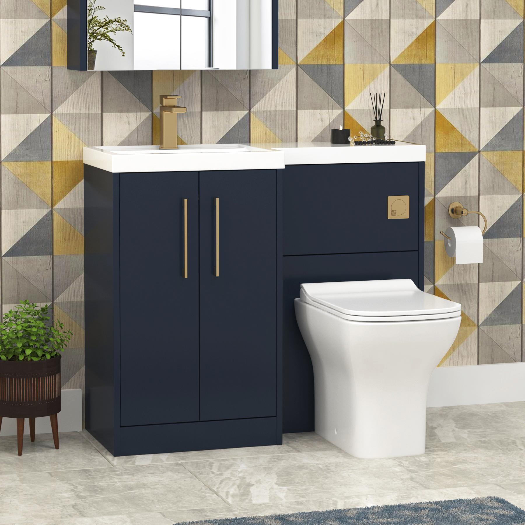 Milan 1000mm Electric Blue 2 Door Floor Standing Vanity Unit L\H L-Shaped Basin & Slim Qubix BTW Toilet with Brushed Brass Handle