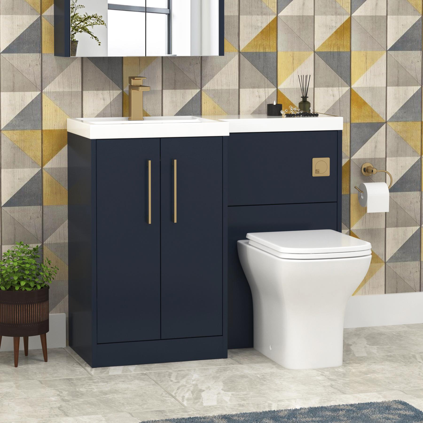 Milan 1000mm Electric Blue 2 Door Floor Standing Vanity Unit L\H L-Shaped Basin & Qubix BTW Toilet with Brushed Brass Handle