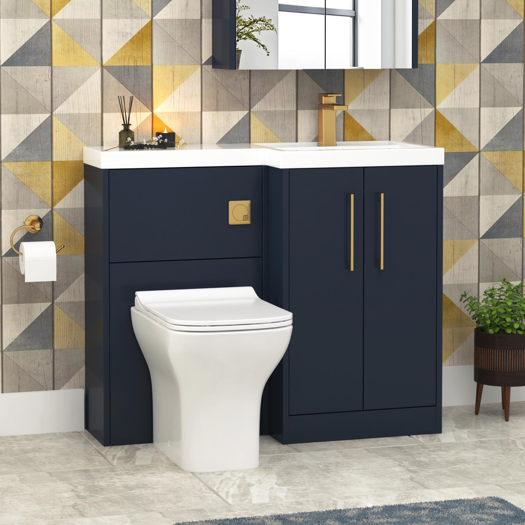 Milan 1000mm Electric Blue 2 Door Floor Standing Vanity Unit R\H L-Shaped Basin & Slim Qubix BTW Toilet with Brushed Brass Handle