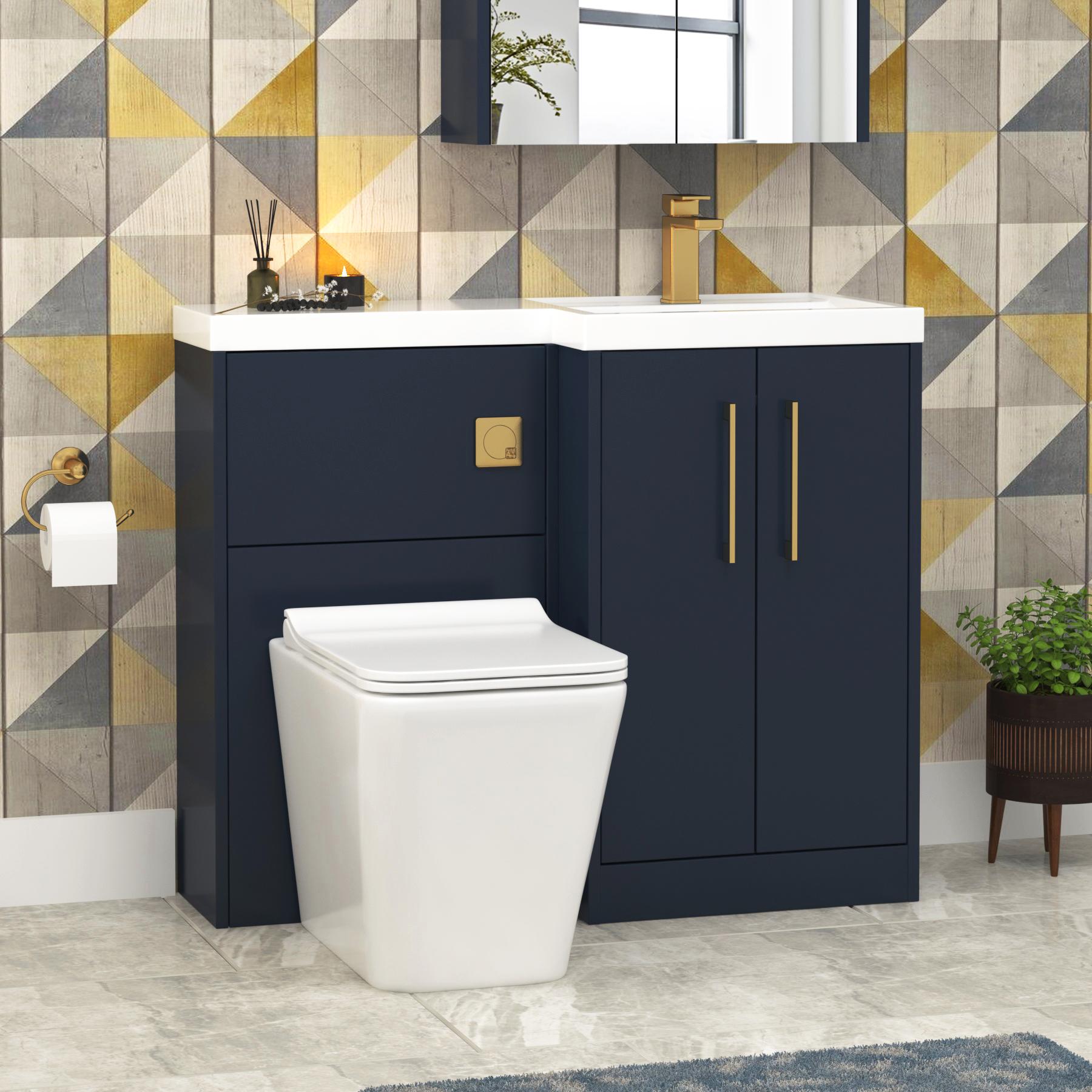Milan 1000mm Electric Blue 2 Door Floor Standing Vanity Unit R\H L-Shaped Basin & Slim Elena BTW Toilet with Brushed Brass Handle
