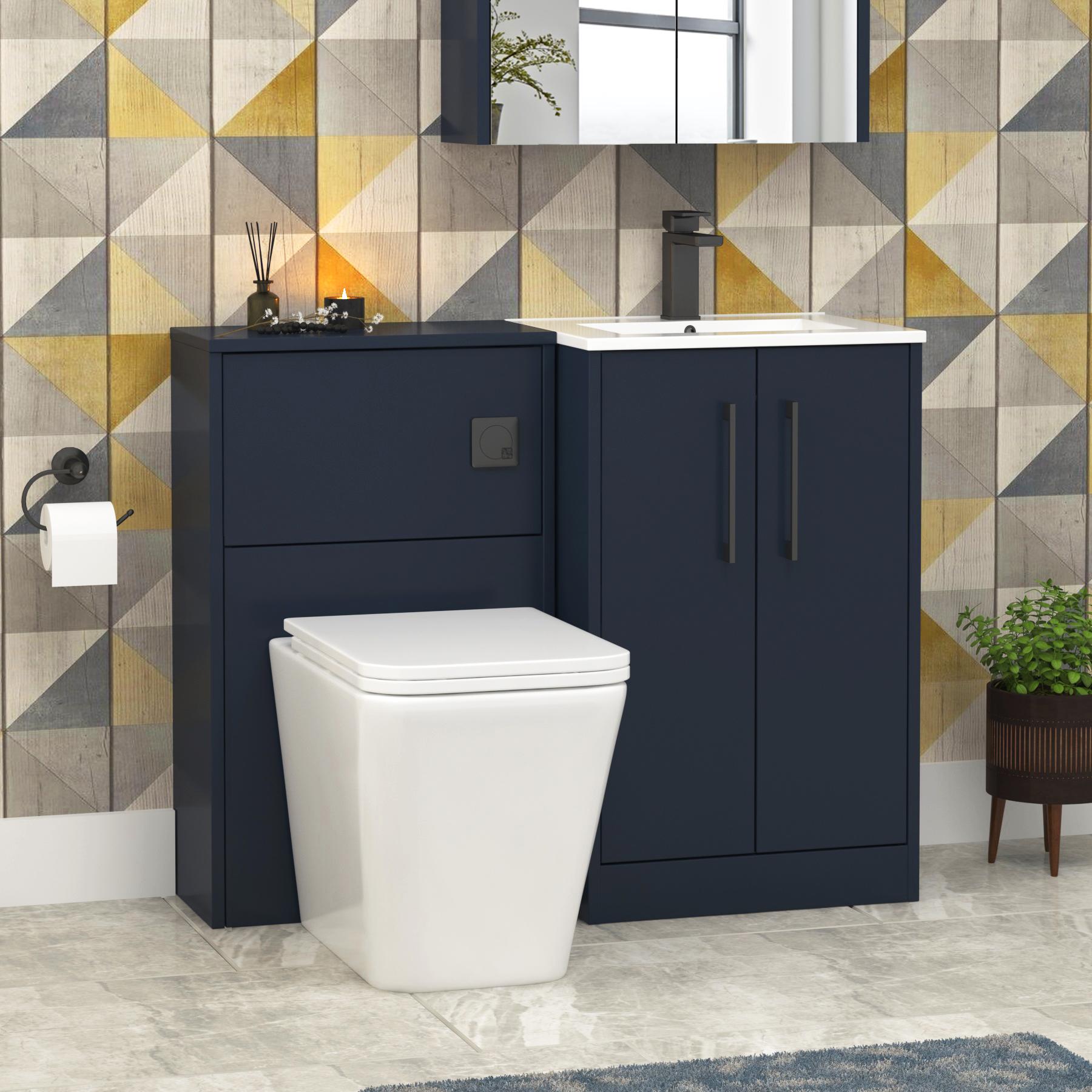 Milan 1000mm Electric Blue 2 Door Floor Standing Vanity Unit Minimalist Basin & Elena BTW Toilet  + Black Handles
