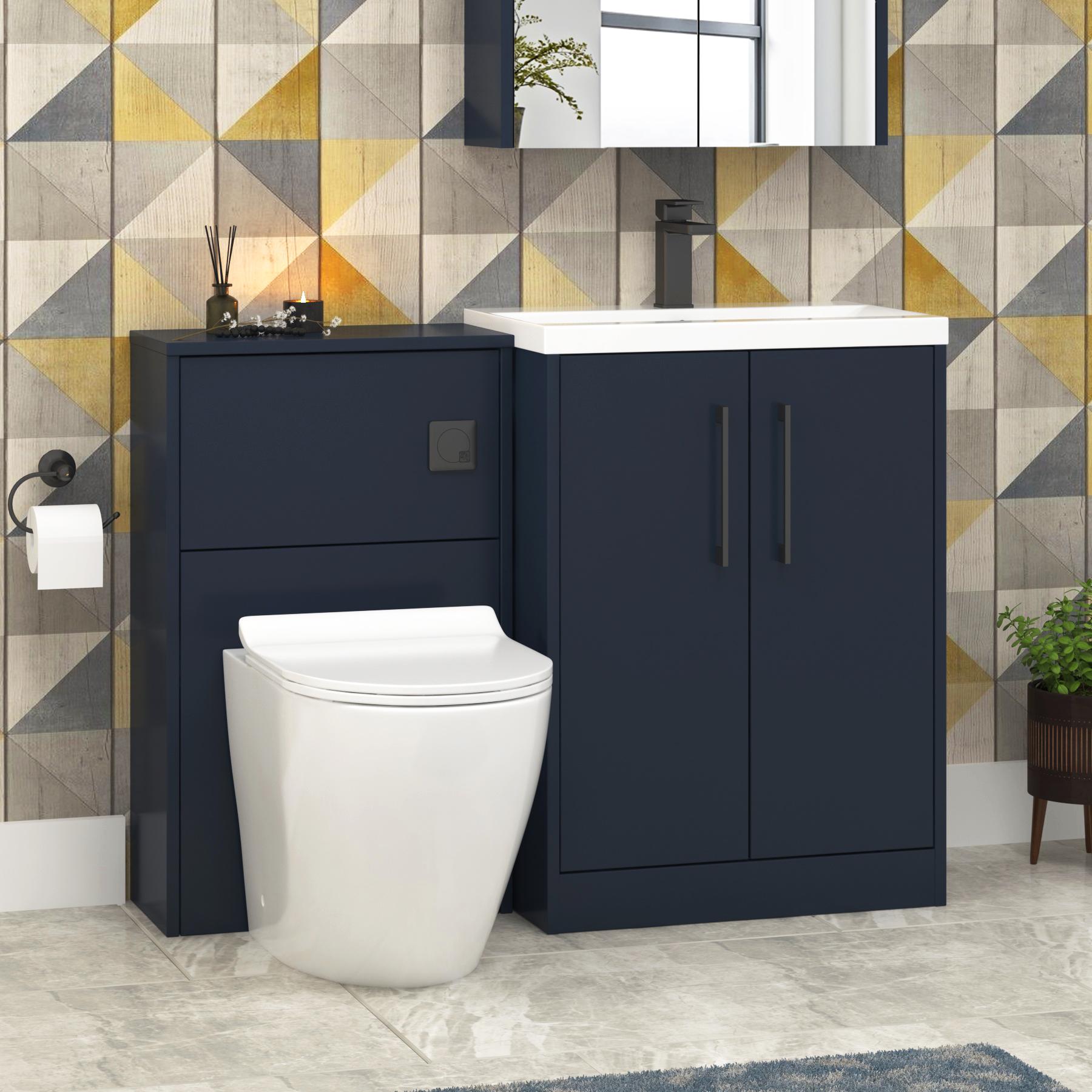 Milan 1100mm Electric Blue 2 Door Floor Standing Vanity Unit Minimalist Basin & Slim Abacus BTW Toilet  + Black Handles