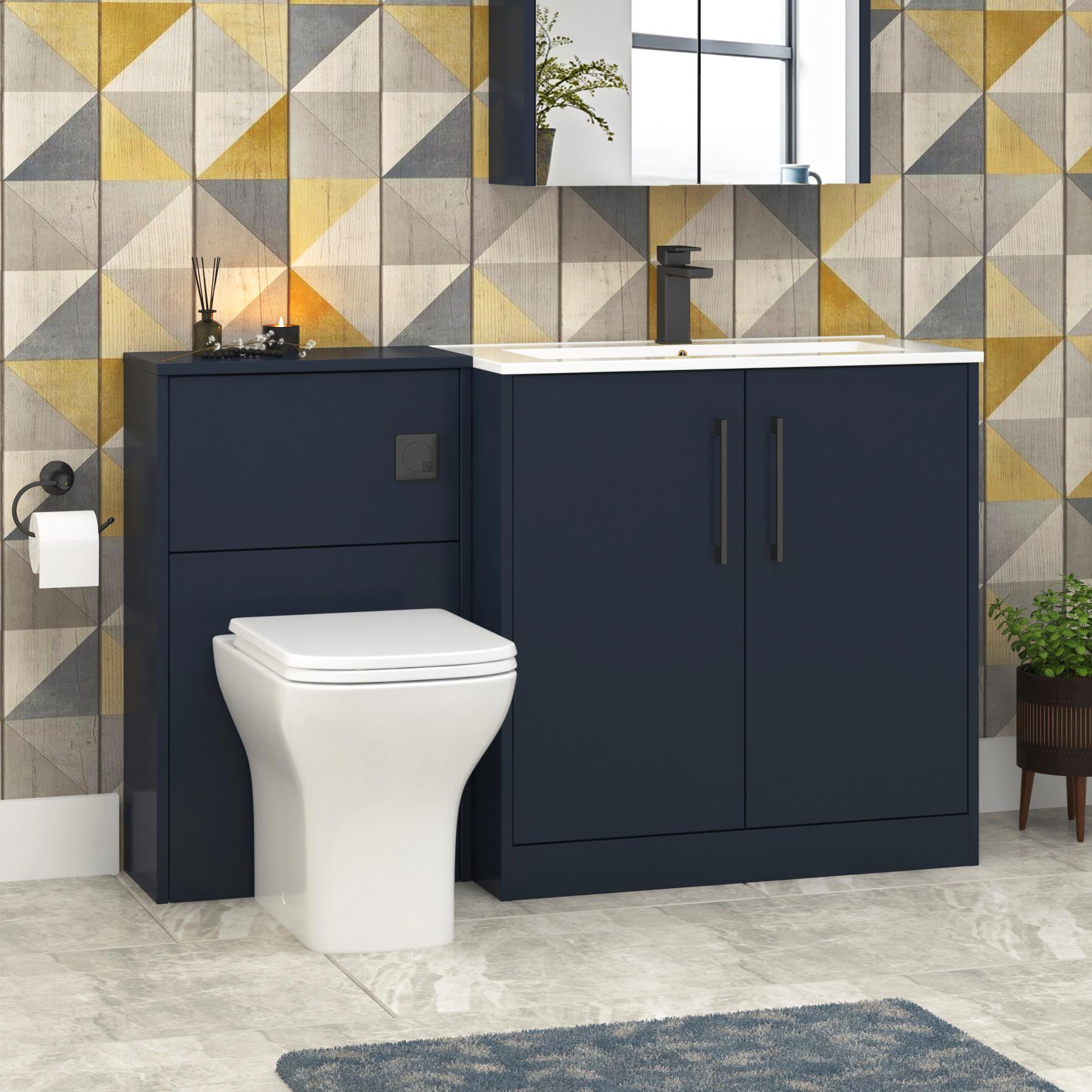 Milan 1300mm Electric Blue 2 Door Floor Standing Vanity Unit Minimalist Basin & Qubix BTW Toilet  + Black Handles