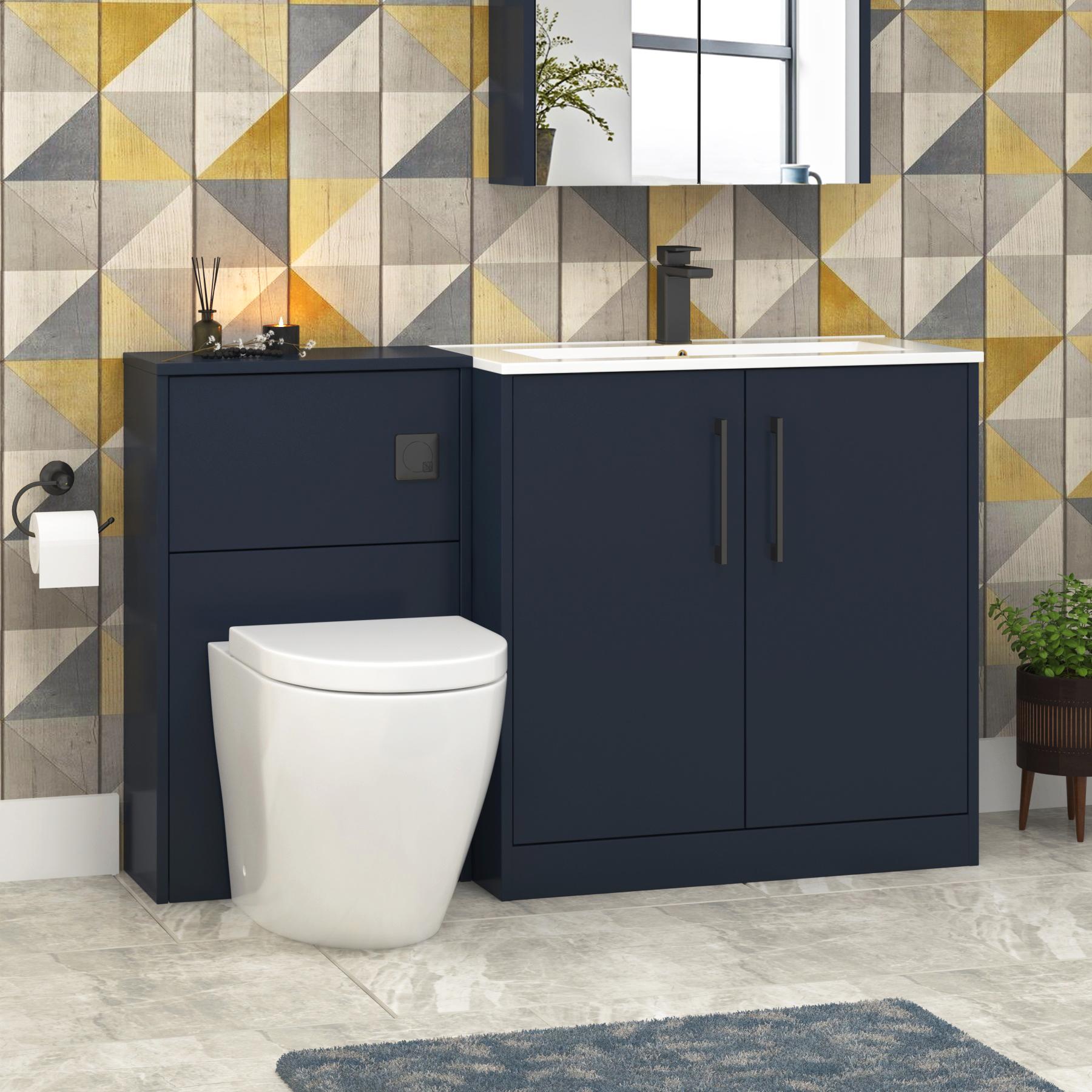 Milan 1300mm Electric Blue 2 Door Floor Standing Vanity Unit Minimalist Basin & Abacus BTW Toilet  + Black Handles
