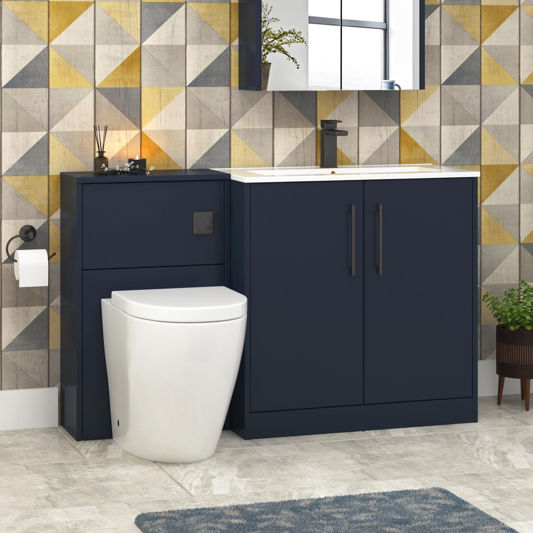 Milan 1300mm Electric Blue 2 Door Floor Standing Vanity Unit Minimalist Basin & Comfort Height BTW Toilet  + Black Handles