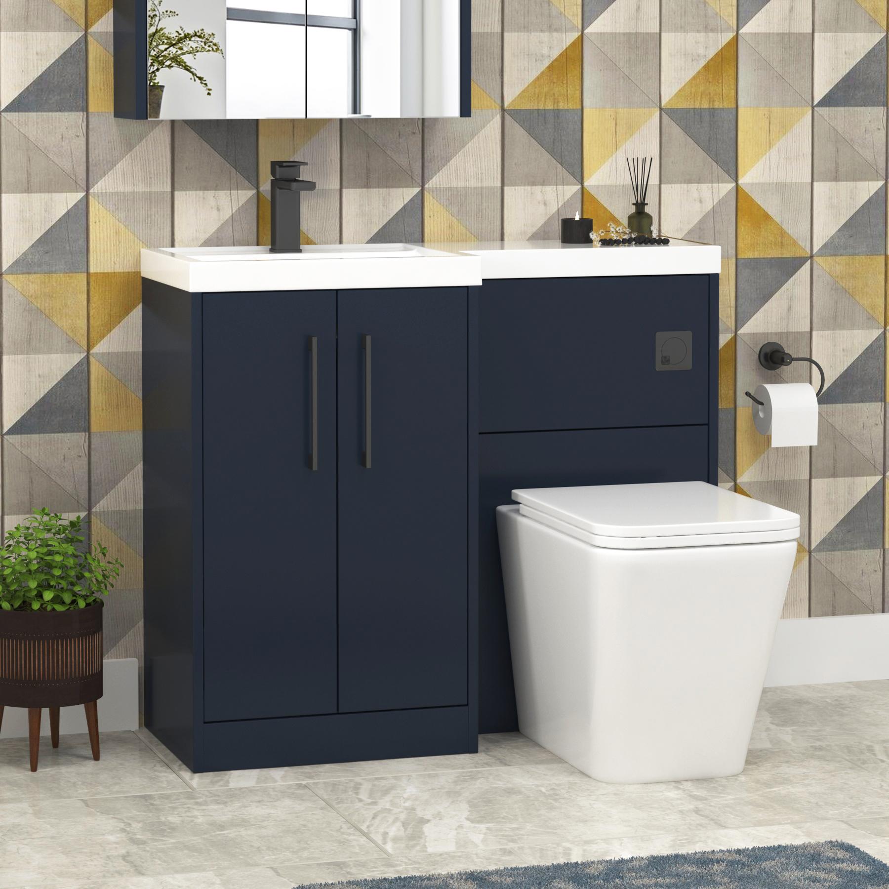 Milan 1000mm Electric Blue 2 Door Floor Standing Vanity Unit L\H L-Shaped Basin & Elena BTW Toilet Black Handle