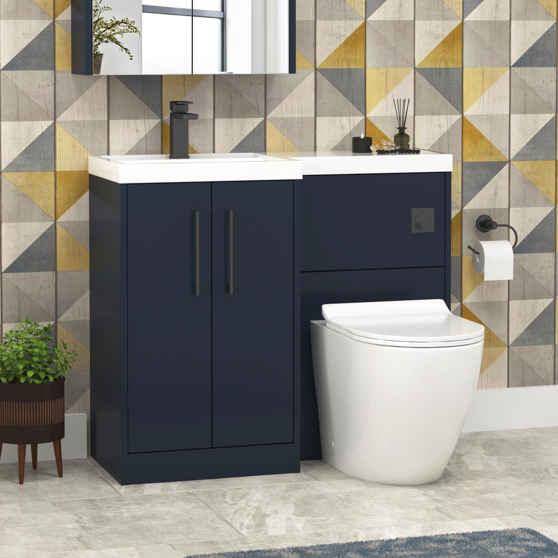 Milan 1000mm Electric Blue 2 Door Floor Standing Vanity Unit L\H L-Shaped Basin & Slim Abacus BTW Toilet Black Handle