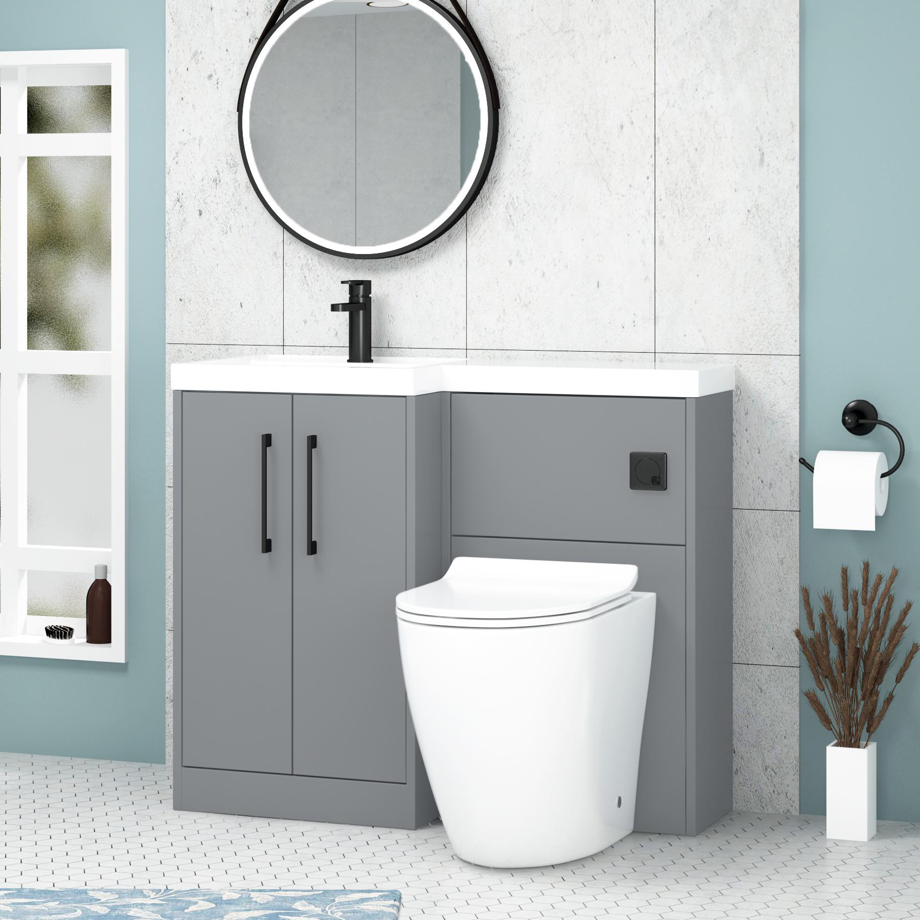 Milan 1000mm Coastal Grey 2 Door Floor Standing Vanity Unit L\H L-Shaped Basin & Slim Comfort Height BTW Toilet Black Handle