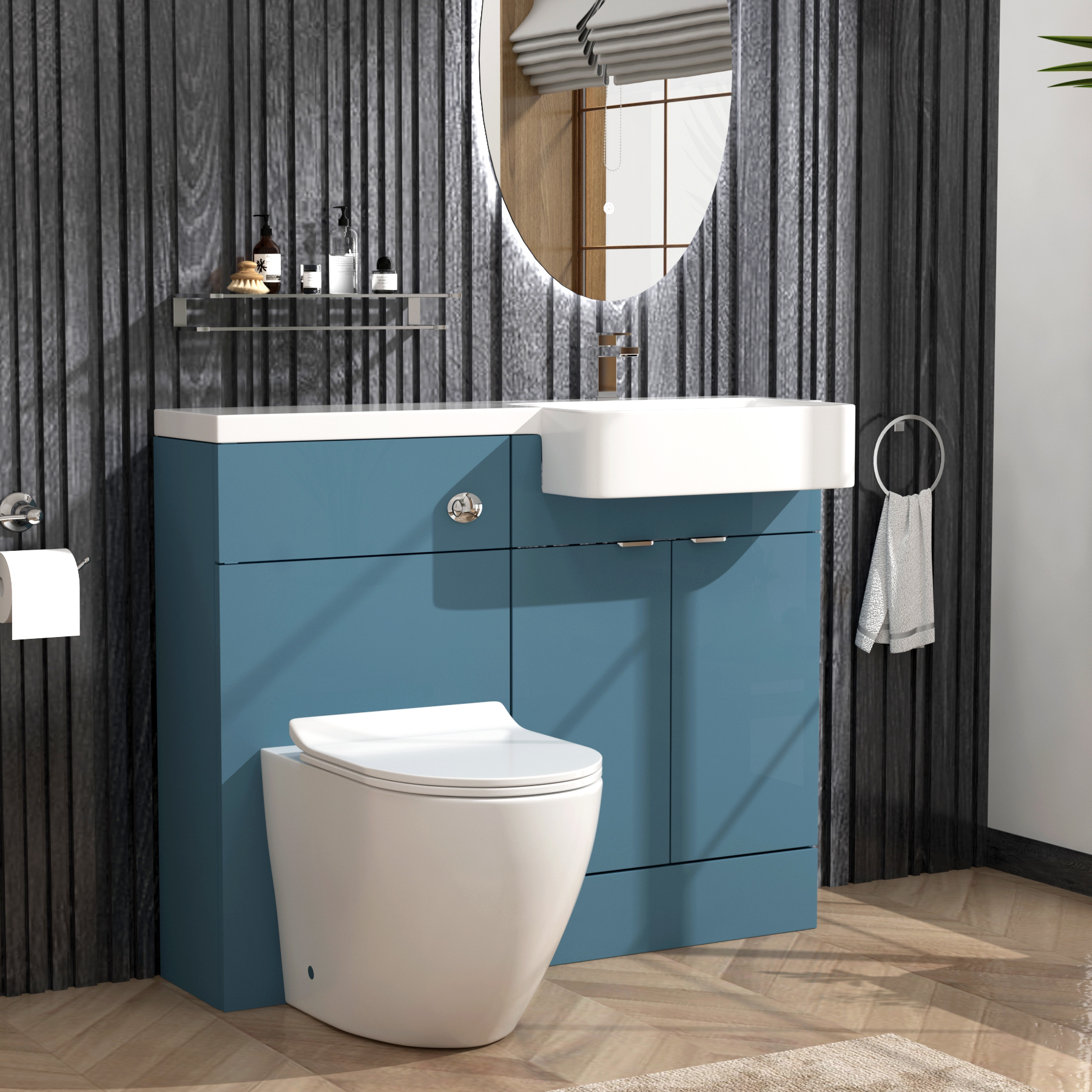 Elena 1100mm Satin Blue 2 Door Floor Standing Vanity Unit with R/H