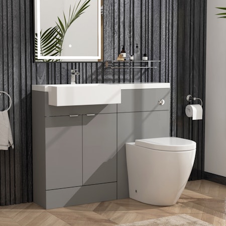 Elena 1100mm Satin Grey 2 Door Floor Standing Vanity Unit with L/H Square Semi Recessed Basin & Comfort Height Toilet Pack