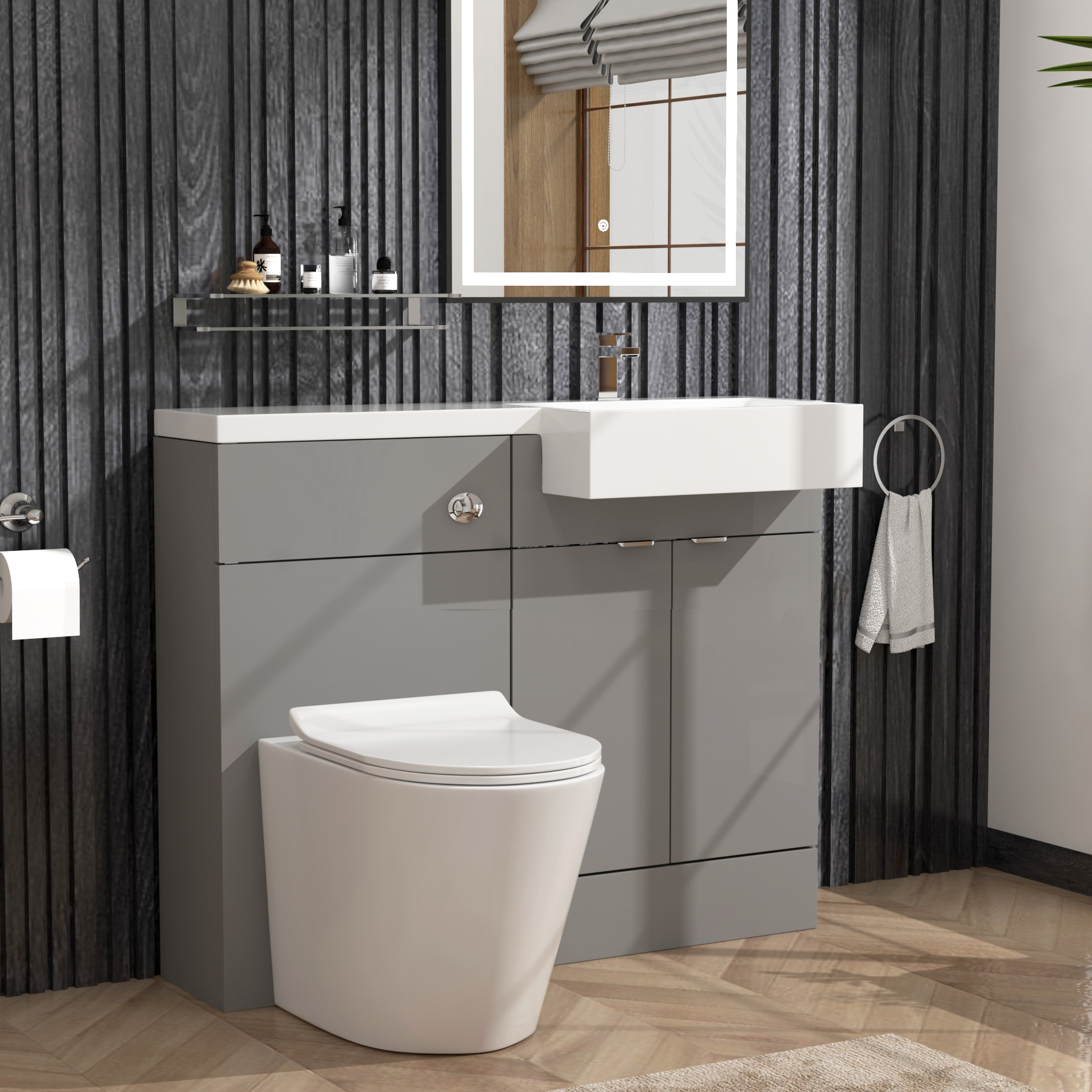 Elena 1100mm Satin Grey 2 Door Floor Standing Vanity Unit with R/H Square Semi Recessed Basin & Slim Cesar BTW Toilet Pack